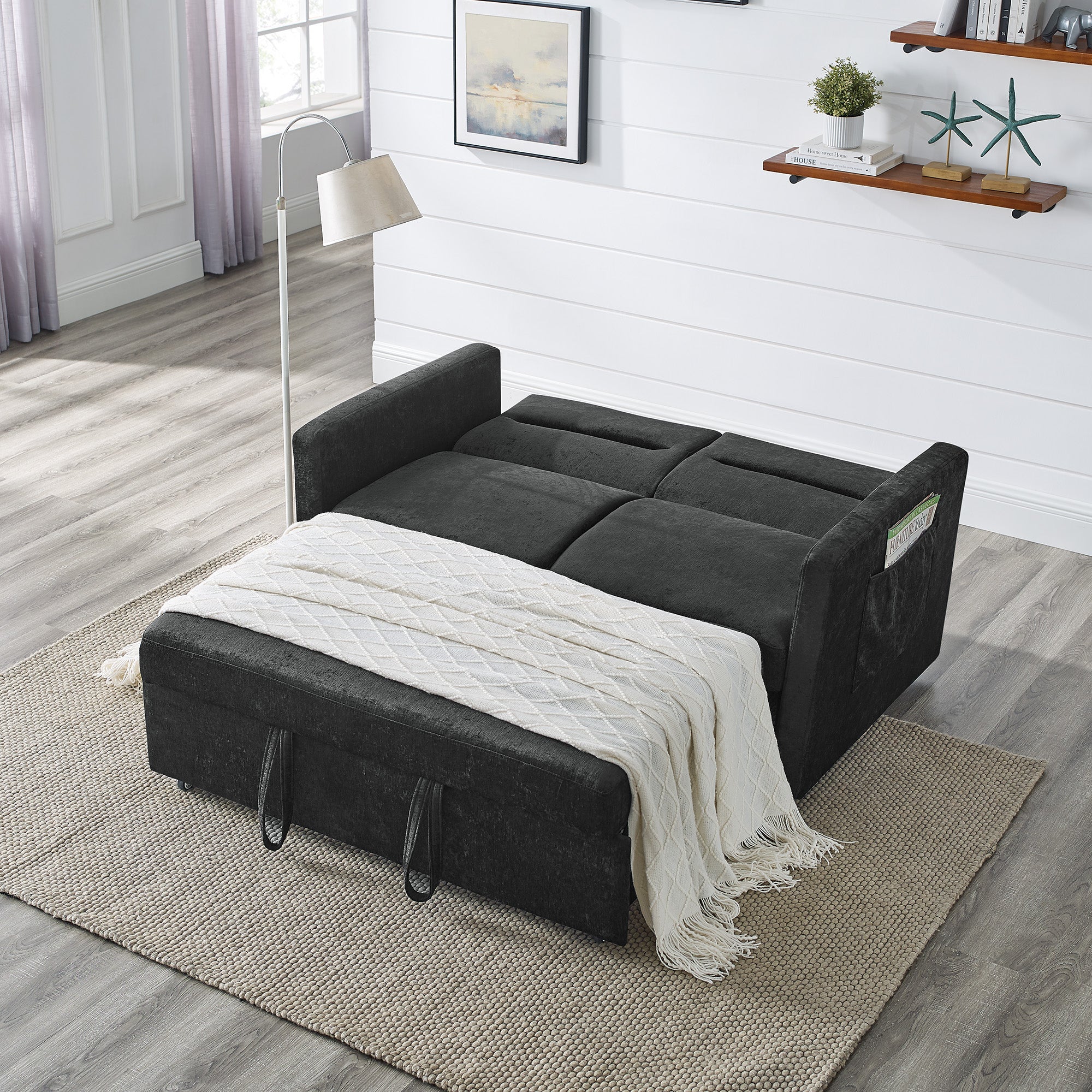 Upholstered Sleeper Sofa Bed with Adjustable Backrest and Foam Cushion- Black_1