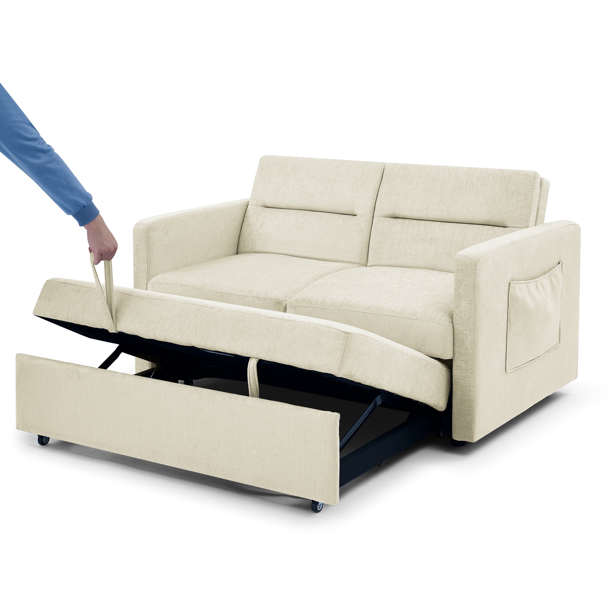 Upholstered Sleeper Velvet Sofa Bed with Adjustable Backrest and Foam Cushion- Beige_11