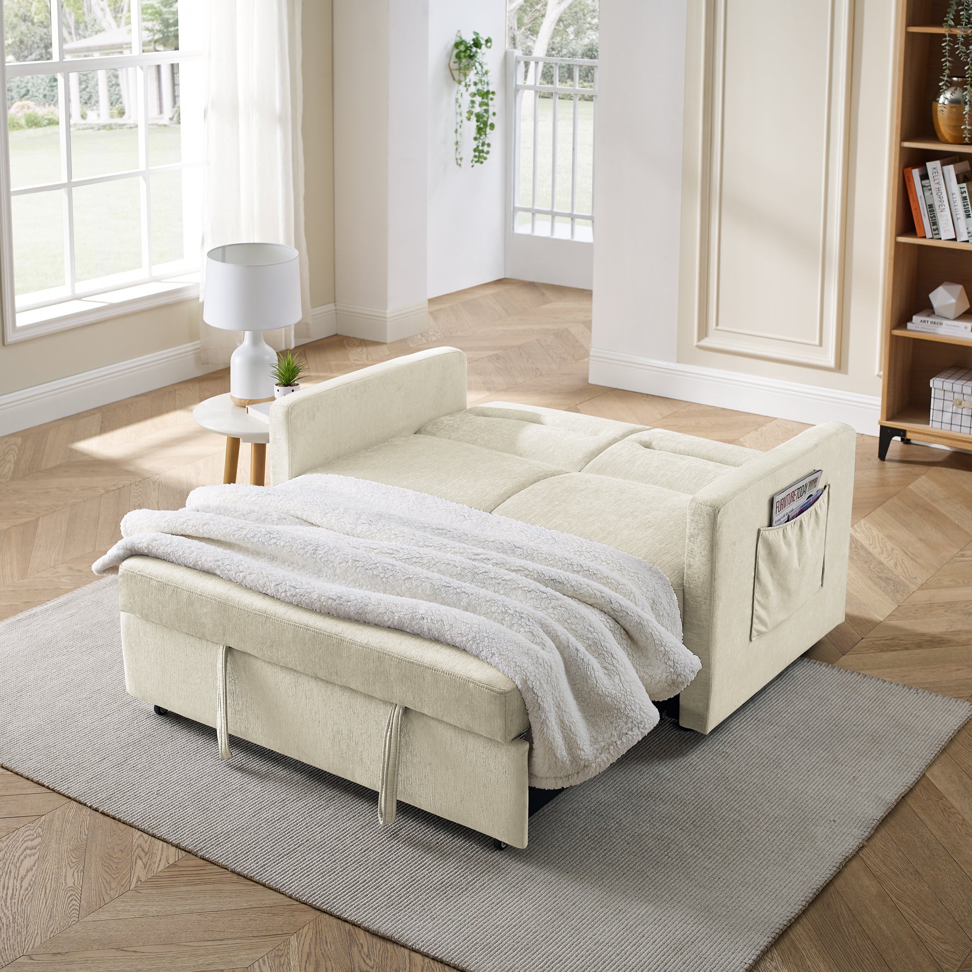 Upholstered Sleeper Velvet Sofa Bed with Adjustable Backrest and Foam Cushion- Beige_1