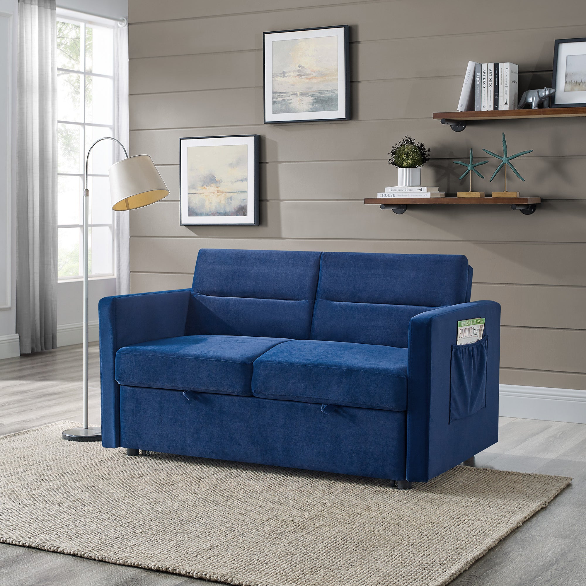 Upholstered Sleeper Velvet Sofa Bed with Adjustable Backrest and Foam Cushion- Blue_2