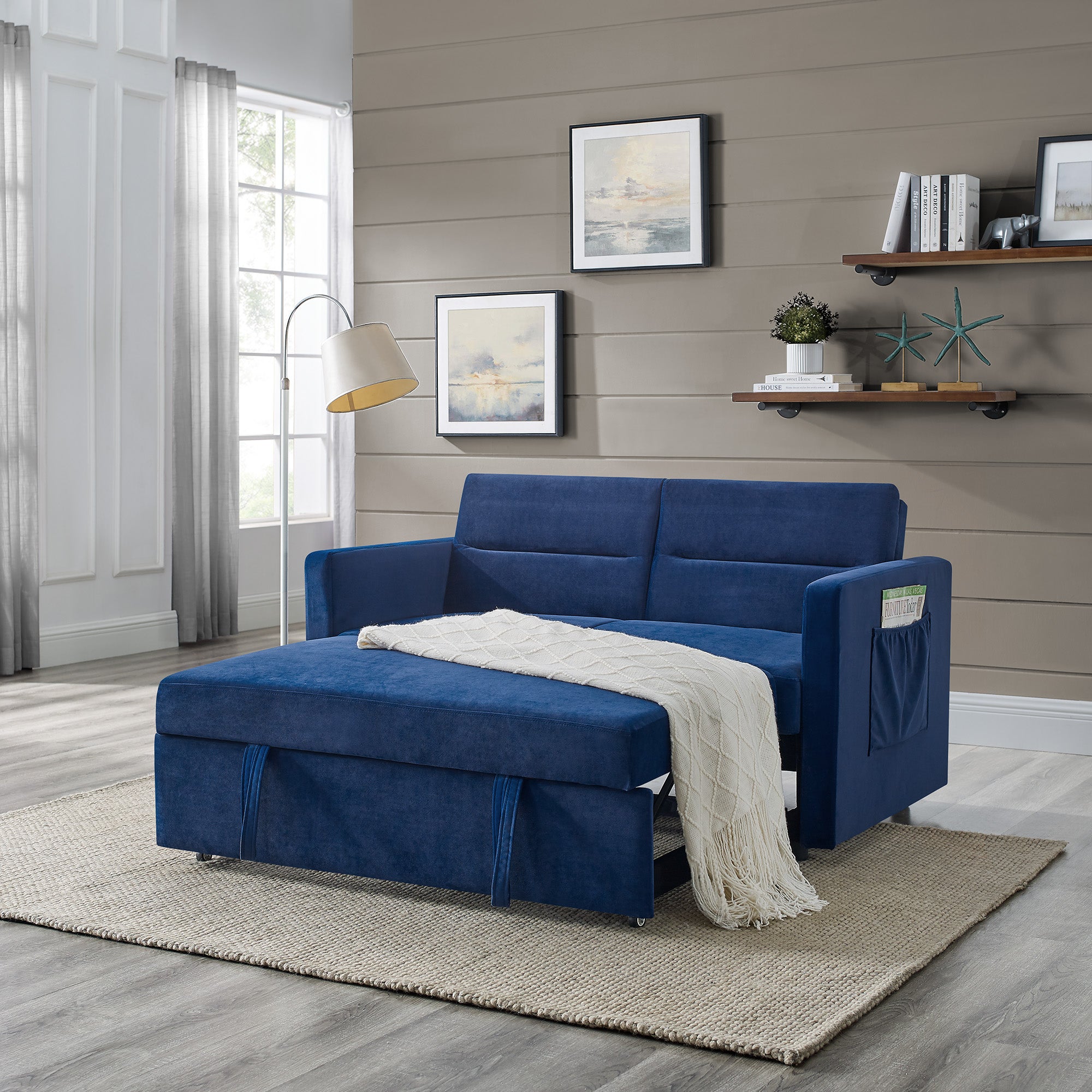 Upholstered Sleeper Velvet Sofa Bed with Adjustable Backrest and Foam Cushion- Blue_0