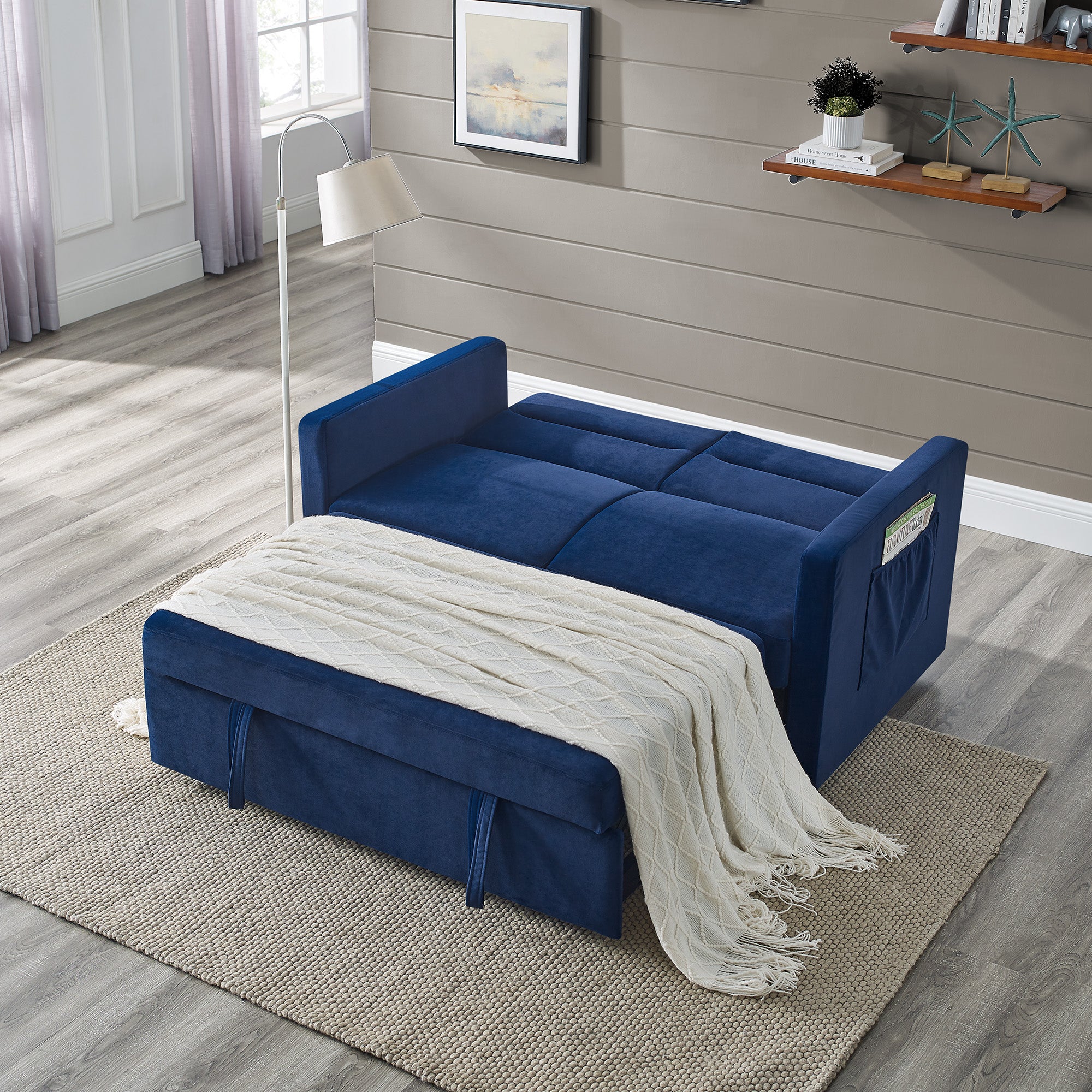 Upholstered Sleeper Velvet Sofa Bed with Adjustable Backrest and Foam Cushion- Blue_1