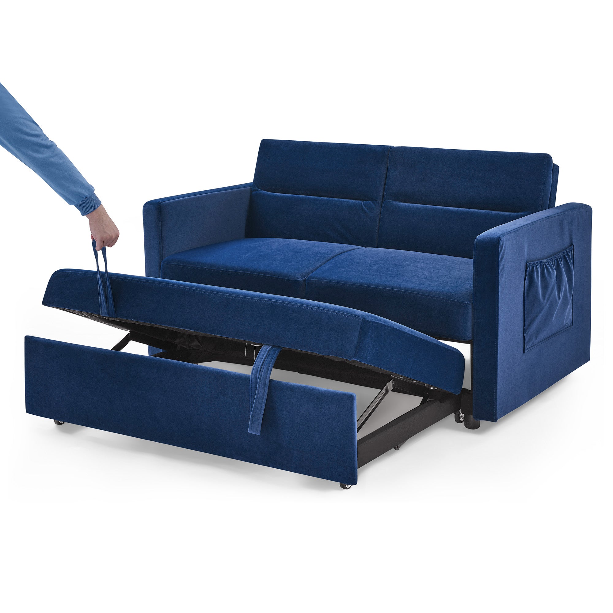 Upholstered Sleeper Velvet Sofa Bed with Adjustable Backrest and Foam Cushion- Blue_11