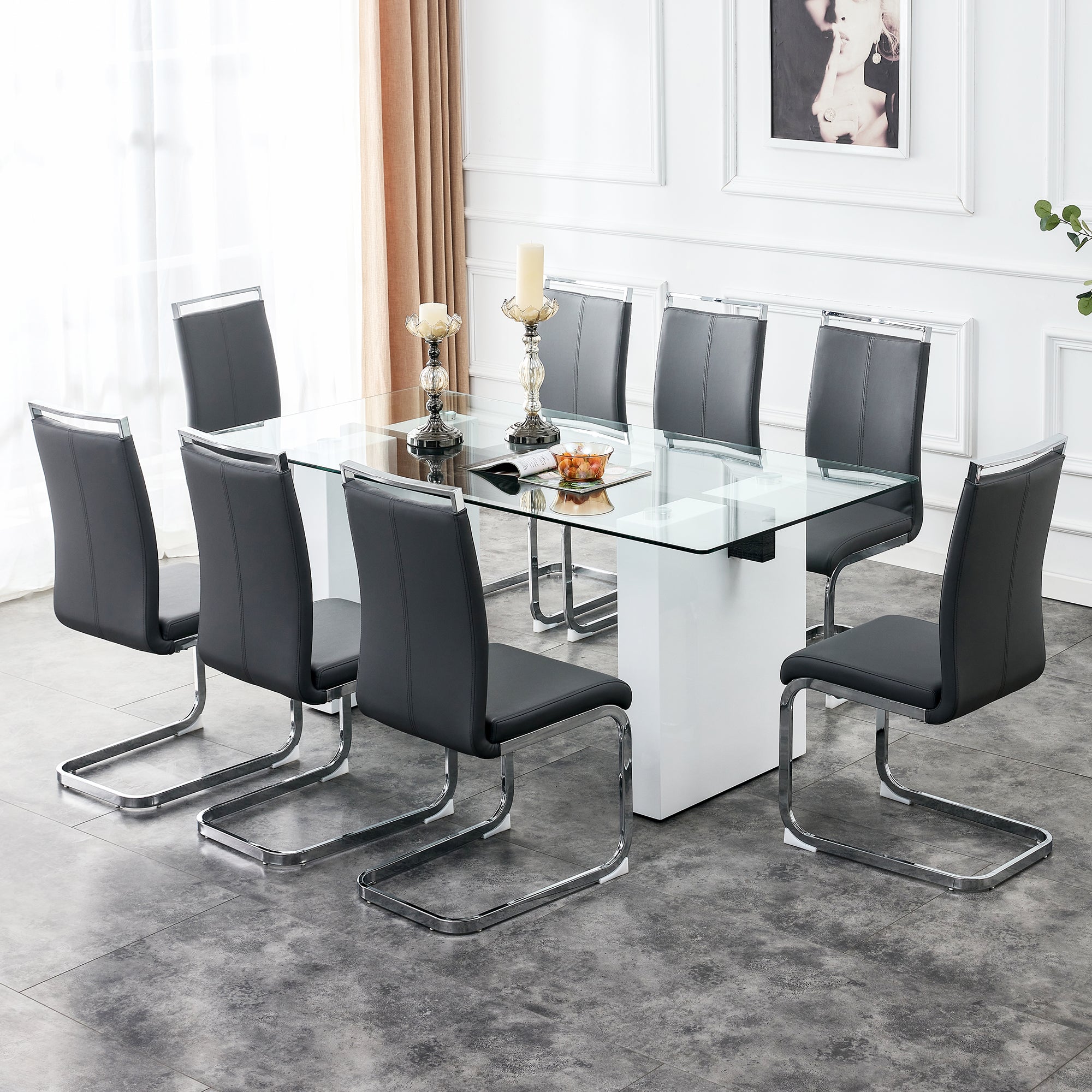 Luxurious Modern Dining Tempered Glass Tabletop with Metal Legs- Transparent, White_12