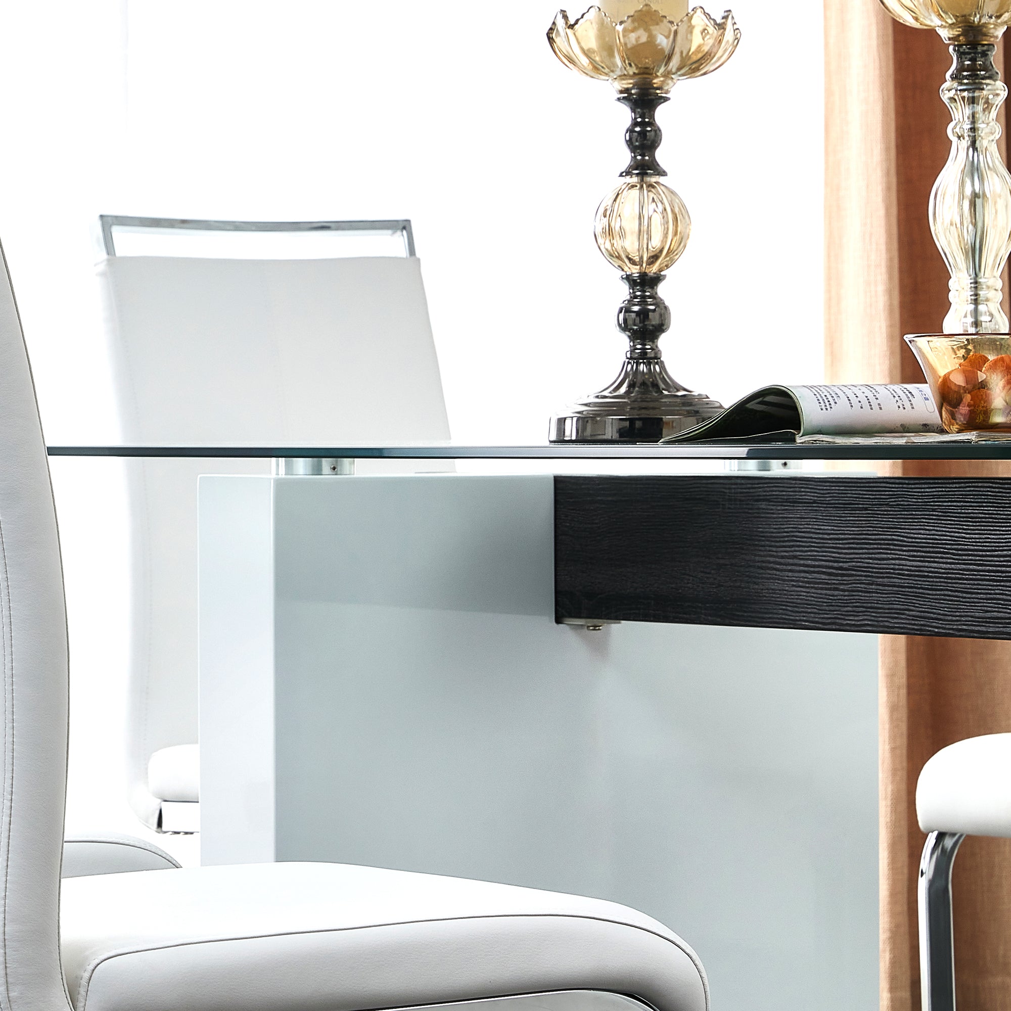 Luxurious Modern Dining Tempered Glass Tabletop with Metal Legs- Transparent, White_11