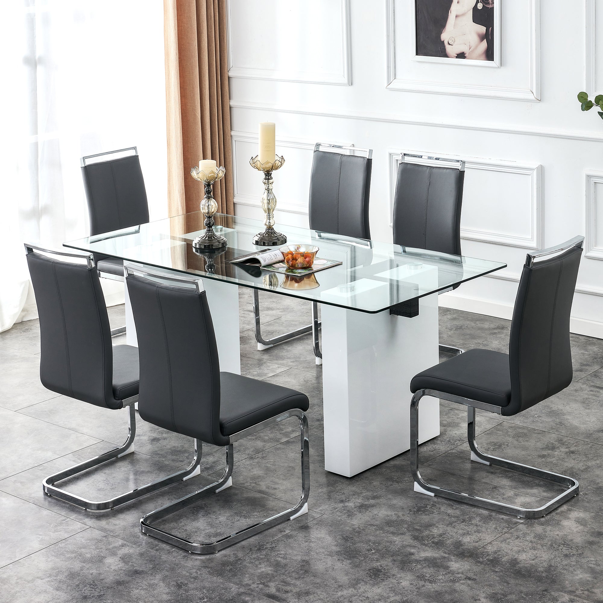 Luxurious Modern Dining Tempered Glass Tabletop with Metal Legs- Transparent, White_1