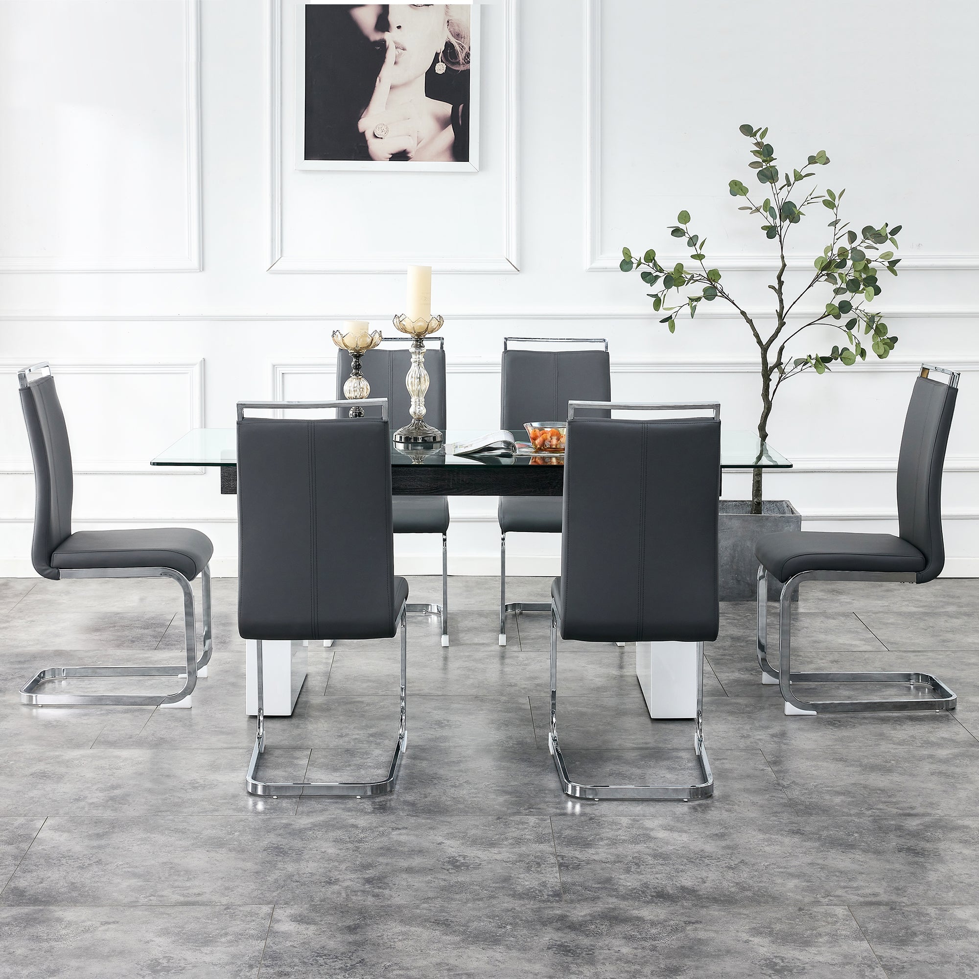 Luxurious Modern Dining Tempered Glass Tabletop with Metal Legs- Transparent, White_3