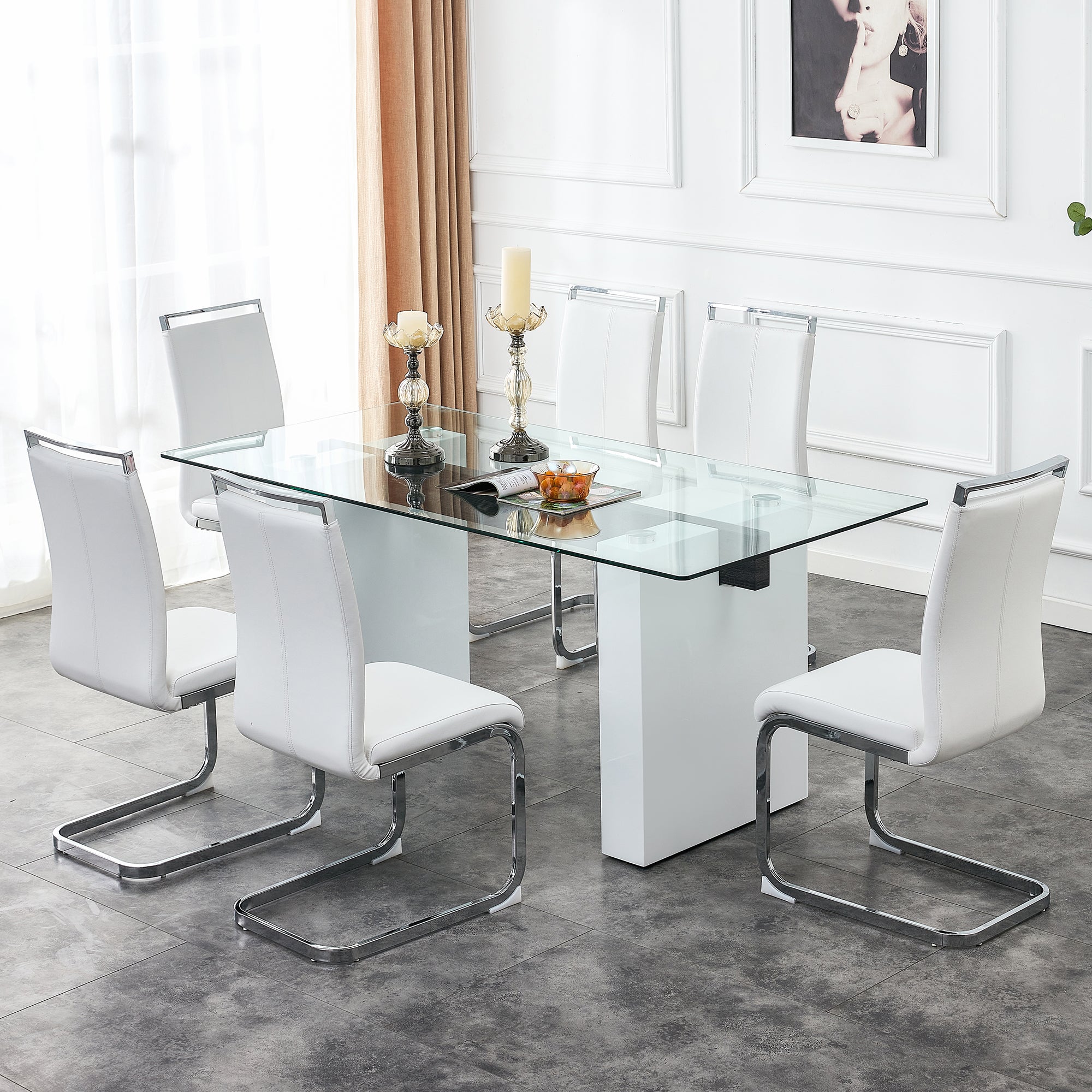Luxurious Modern Dining Tempered Glass Tabletop with Metal Legs- Transparent, White_4