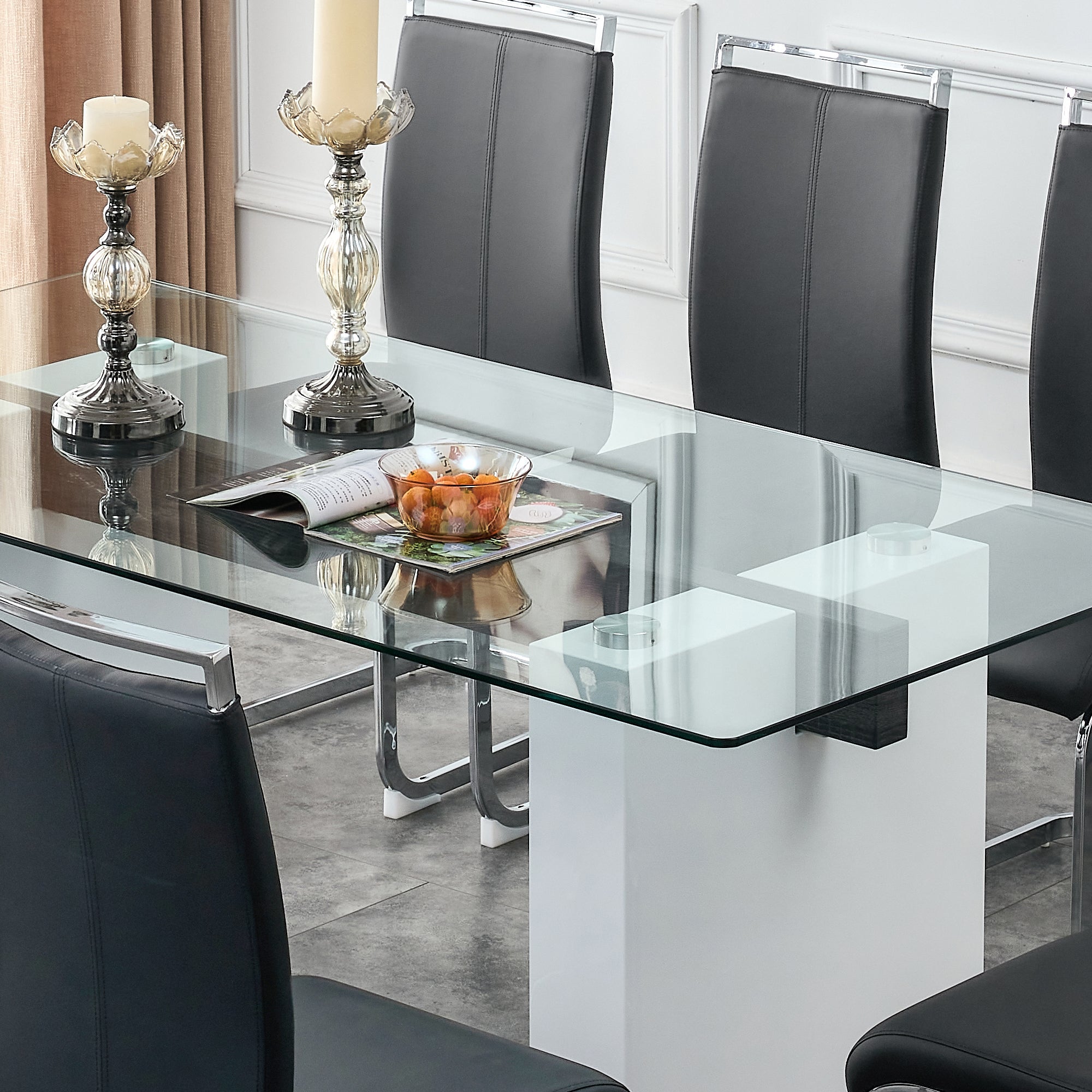 Luxurious Modern Dining Tempered Glass Tabletop with Metal Legs- Transparent, White_9