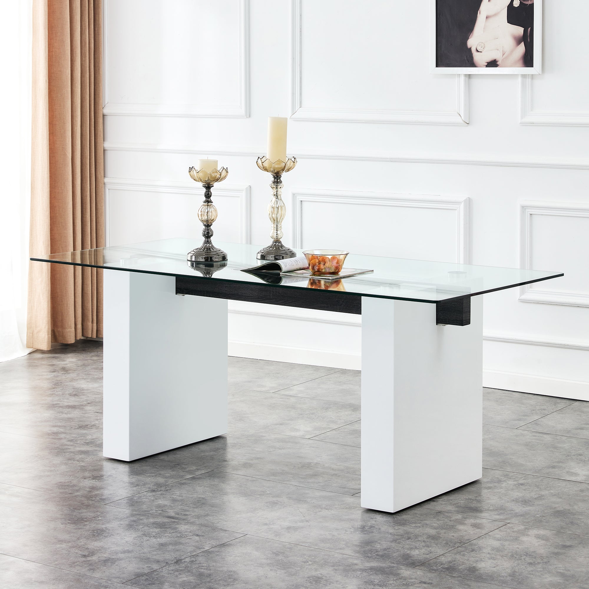 Luxurious Modern Dining Tempered Glass Tabletop with Metal Legs- Transparent, White_0