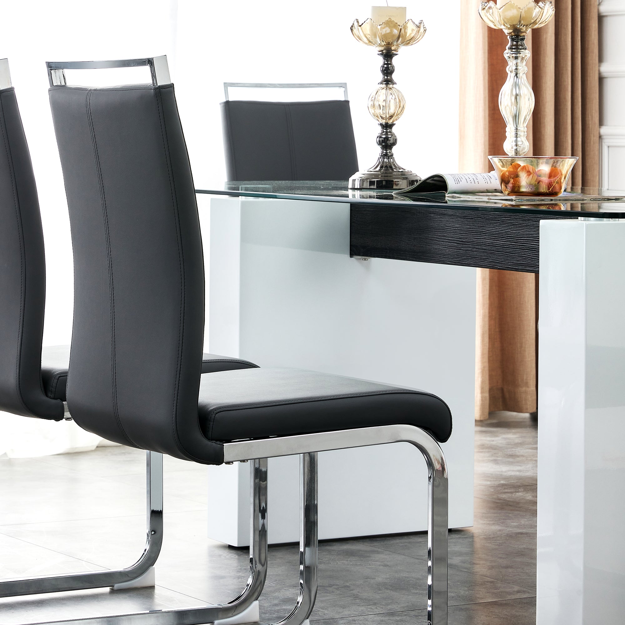 Luxurious Modern Dining Tempered Glass Tabletop with Metal Legs- Transparent, White_8