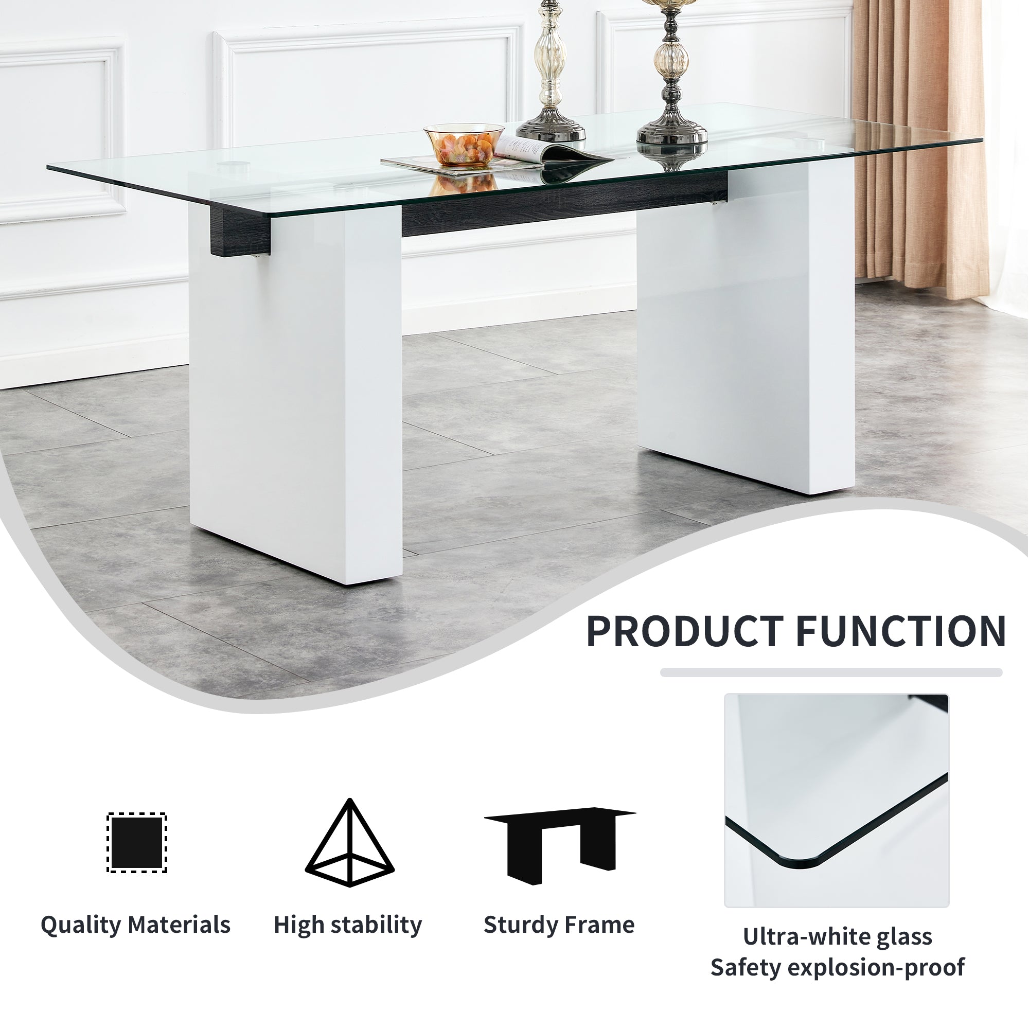 Luxurious Modern Dining Tempered Glass Tabletop with Metal Legs- Transparent, White_5