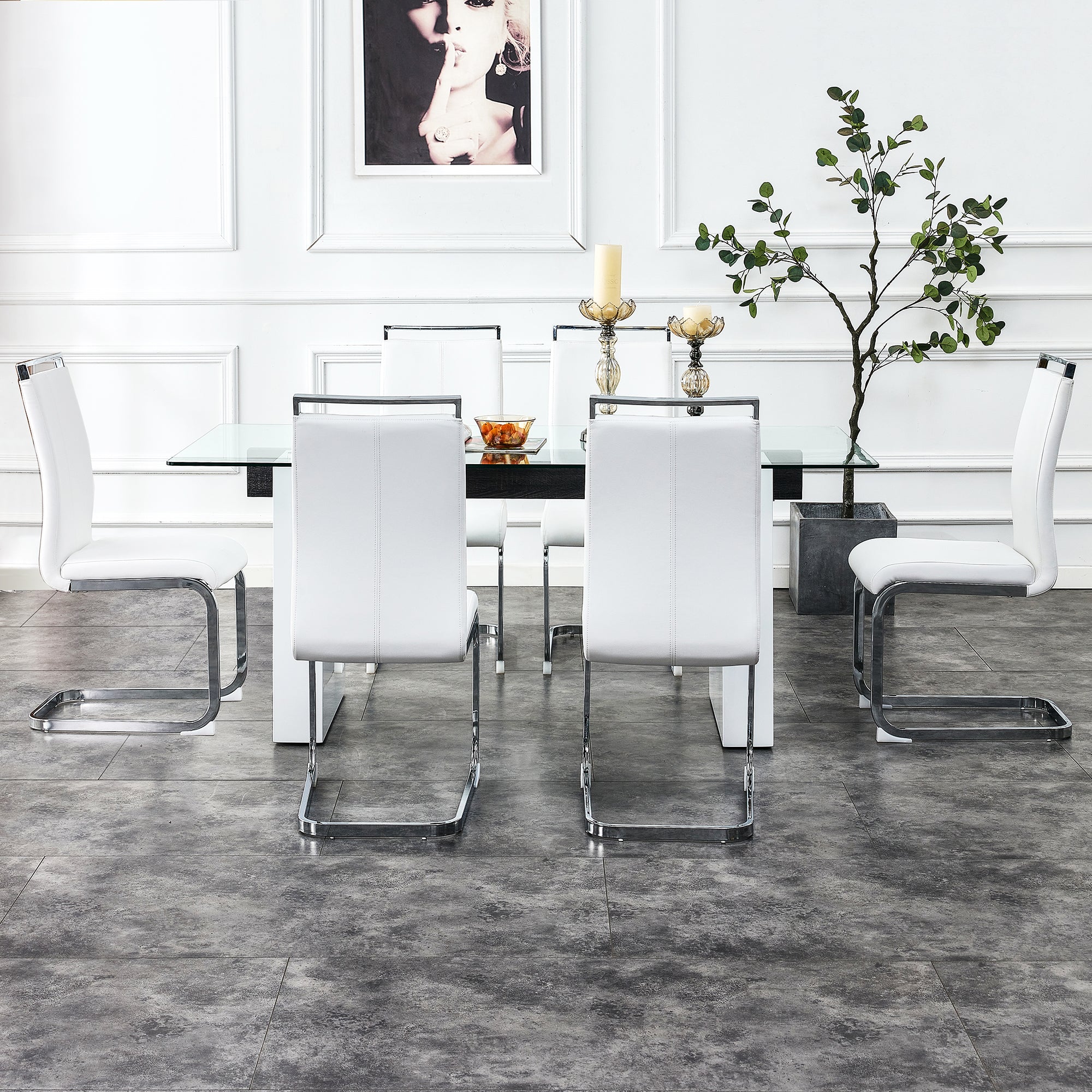 Luxurious Modern Dining Tempered Glass Tabletop with Metal Legs- Transparent, White_2