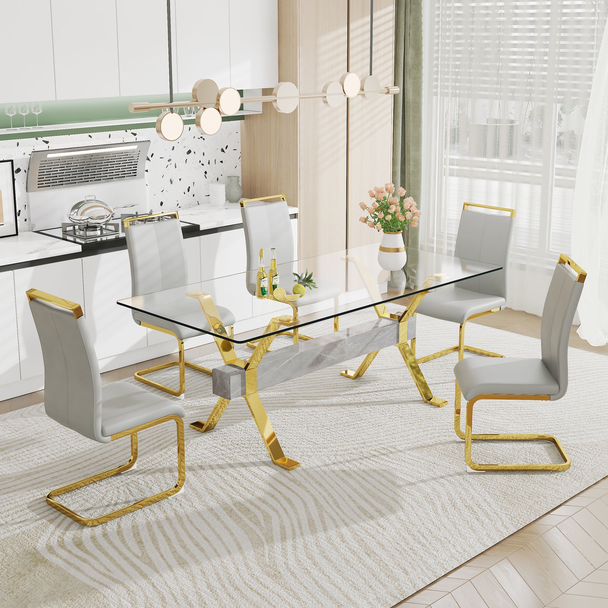 Modern Luxury Tempered Gold Chrome Plated Glass Table with Gray Support Crossbar_4
