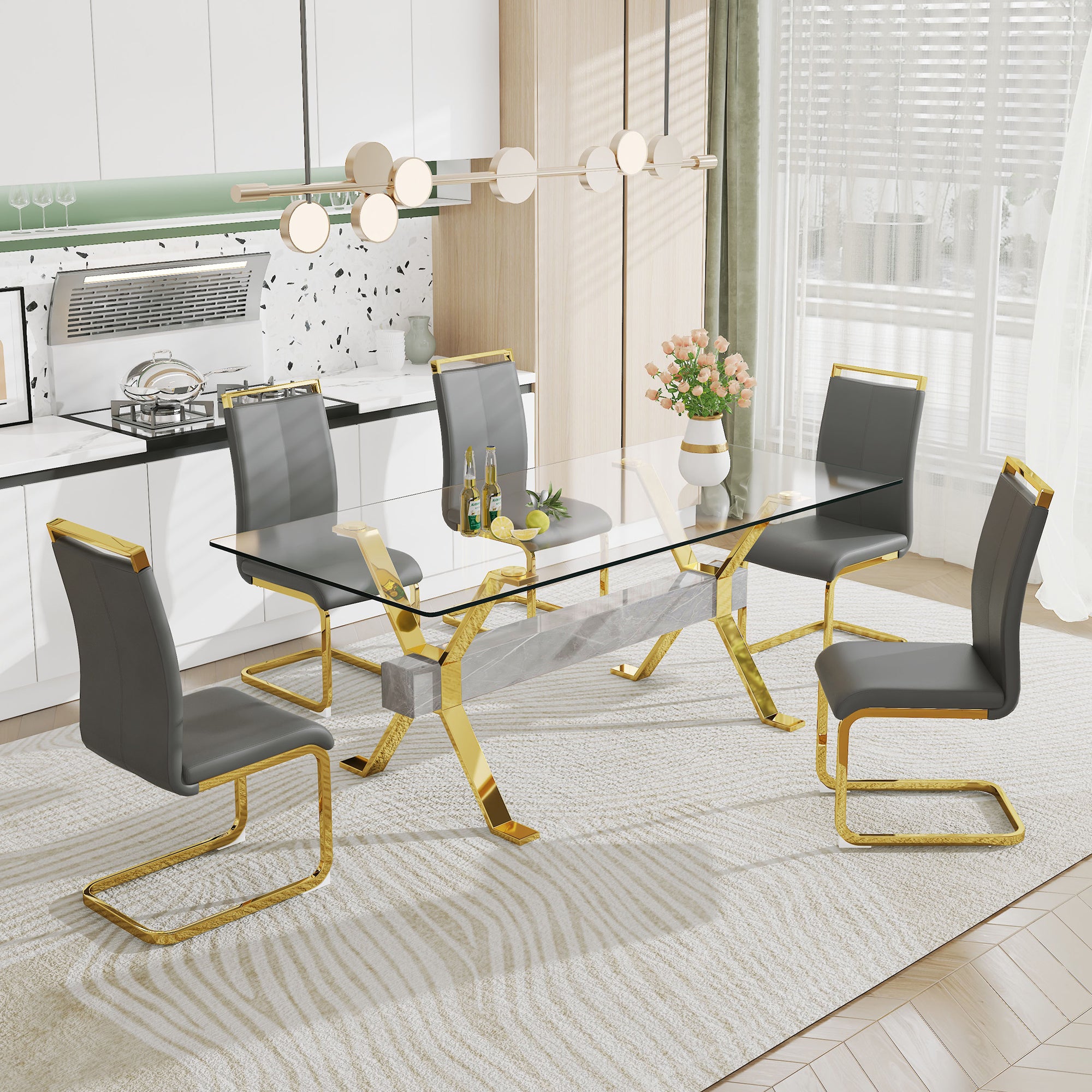 Modern Luxury Tempered Gold Chrome Plated Glass Table with Gray Support Crossbar_11