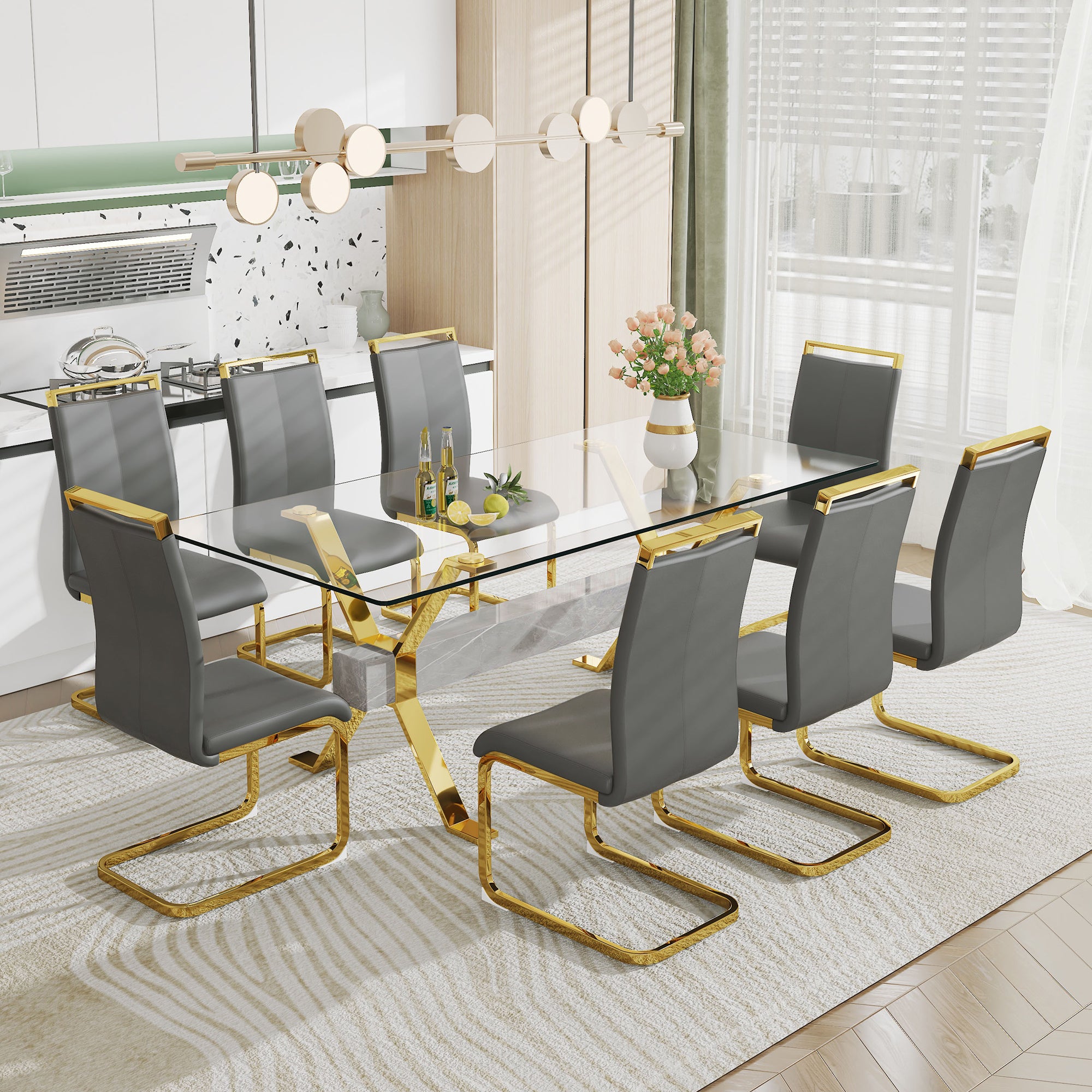 Modern Luxury Tempered Gold Chrome Plated Glass Table with Gray Support Crossbar_9