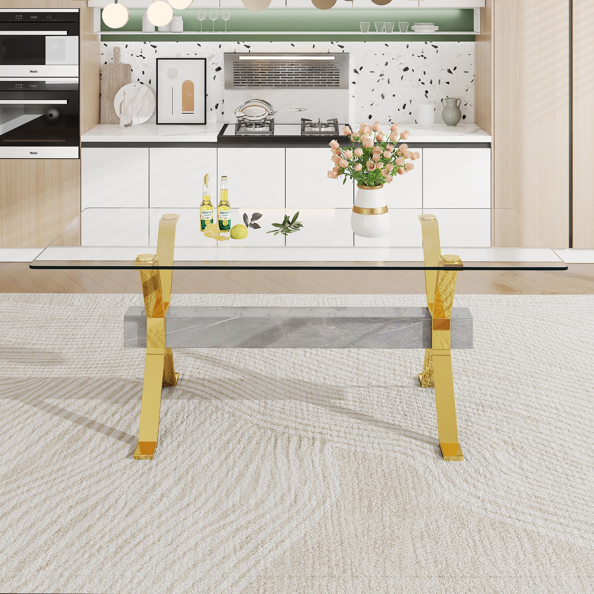 Modern Luxury Tempered Gold Chrome Plated Glass Table with Gray Support Crossbar_2