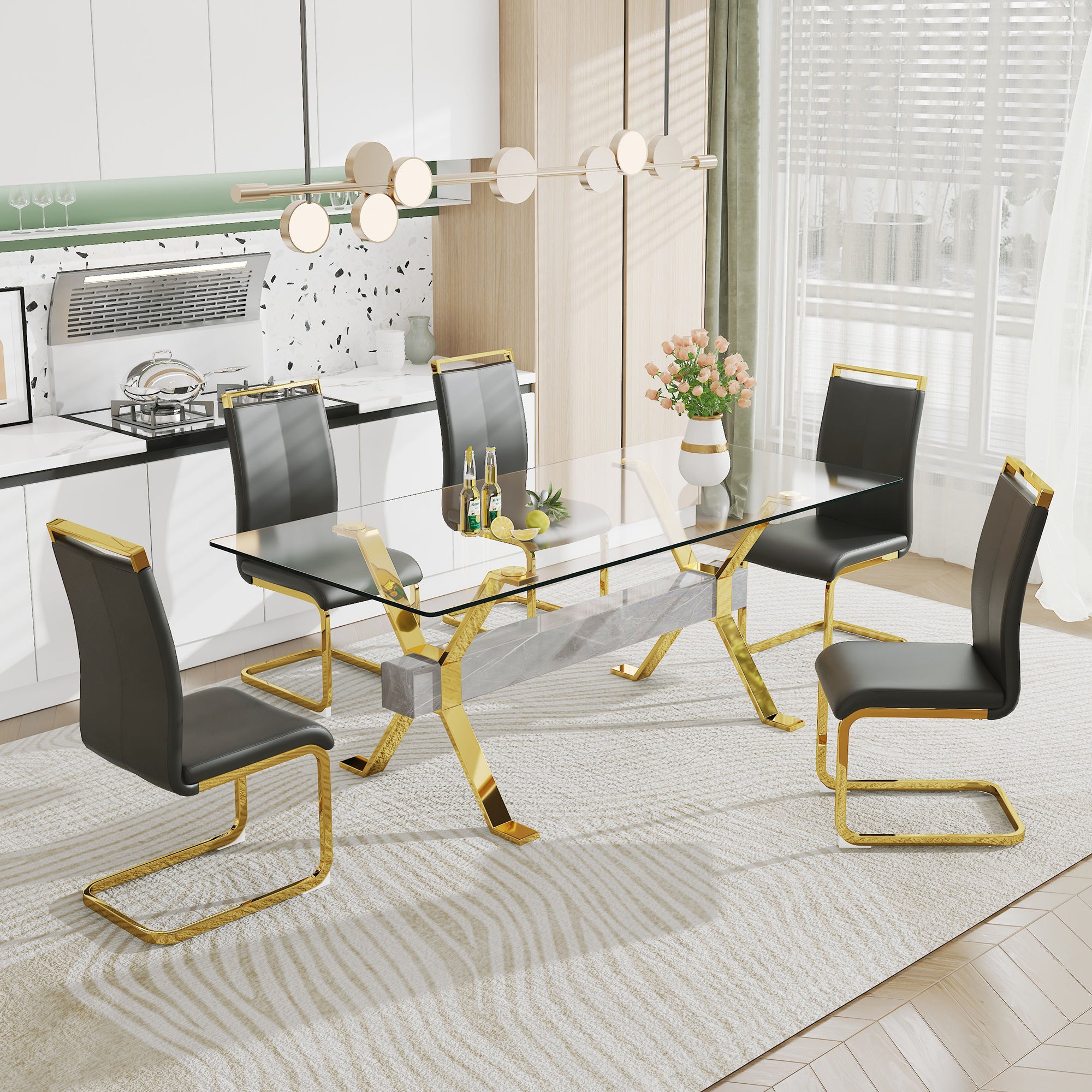 Modern Luxury Tempered Gold Chrome Plated Glass Table with Gray Support Crossbar_10