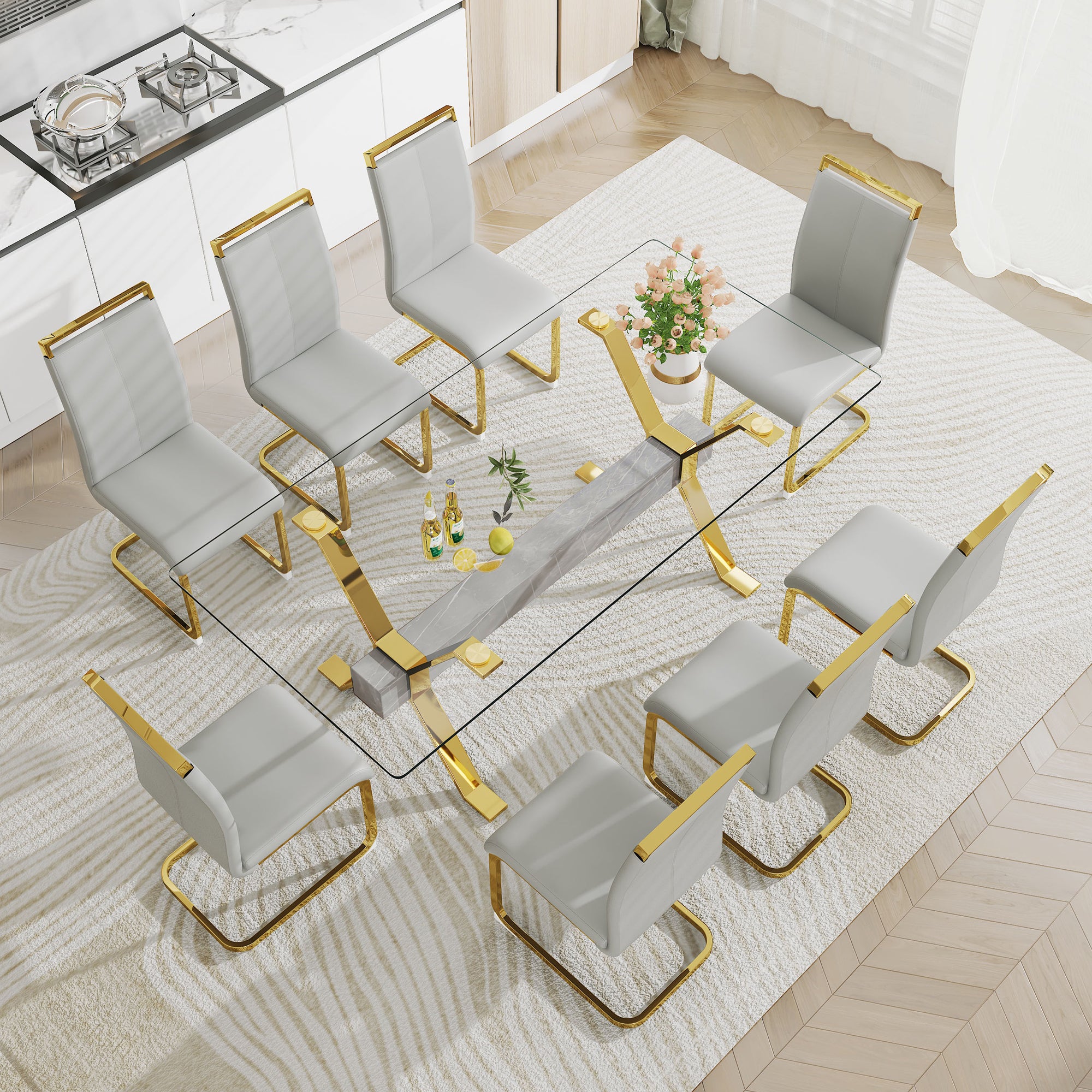 Modern Luxury Tempered Gold Chrome Plated Glass Table with Gray Support Crossbar_3