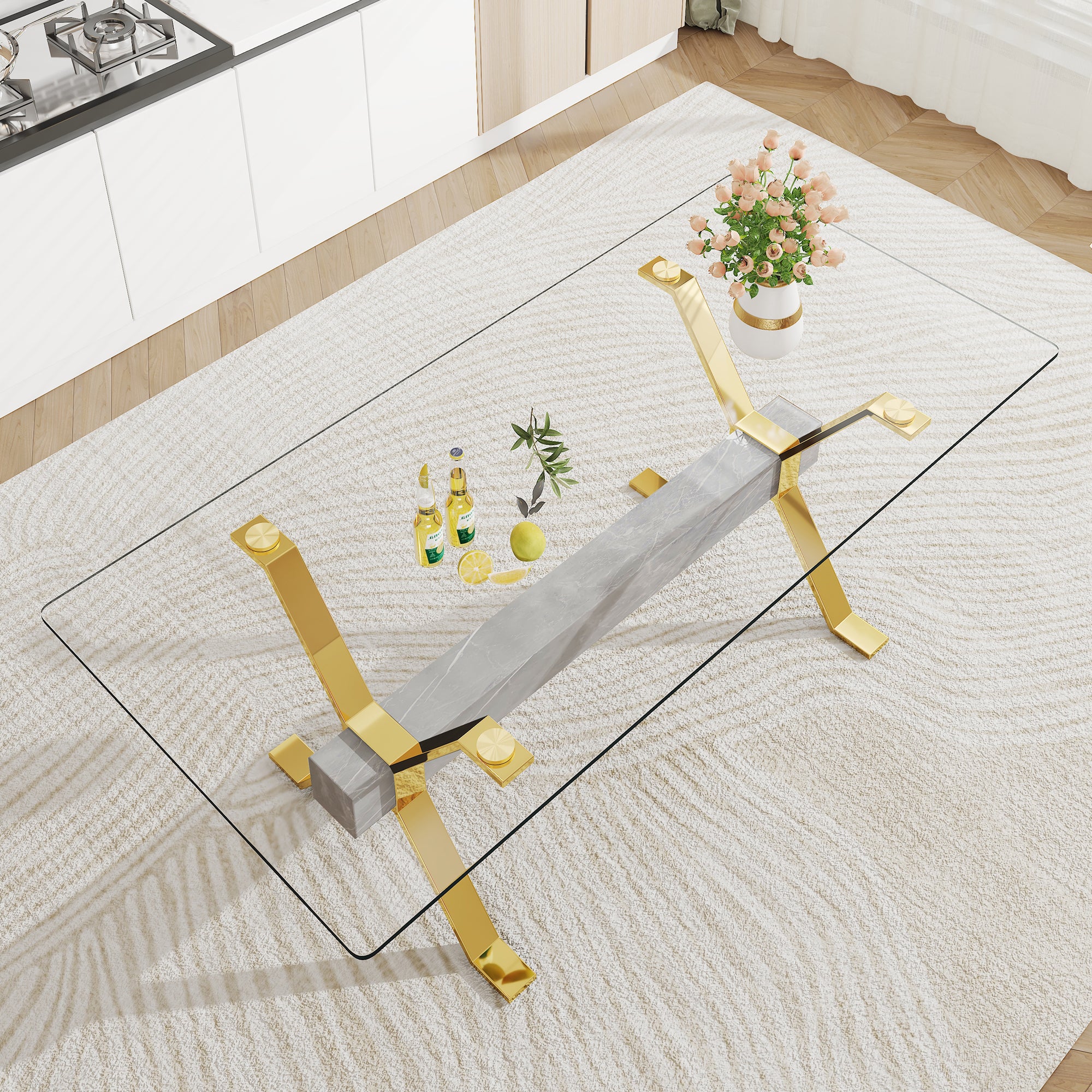Modern Luxury Tempered Gold Chrome Plated Glass Table with Gray Support Crossbar_1