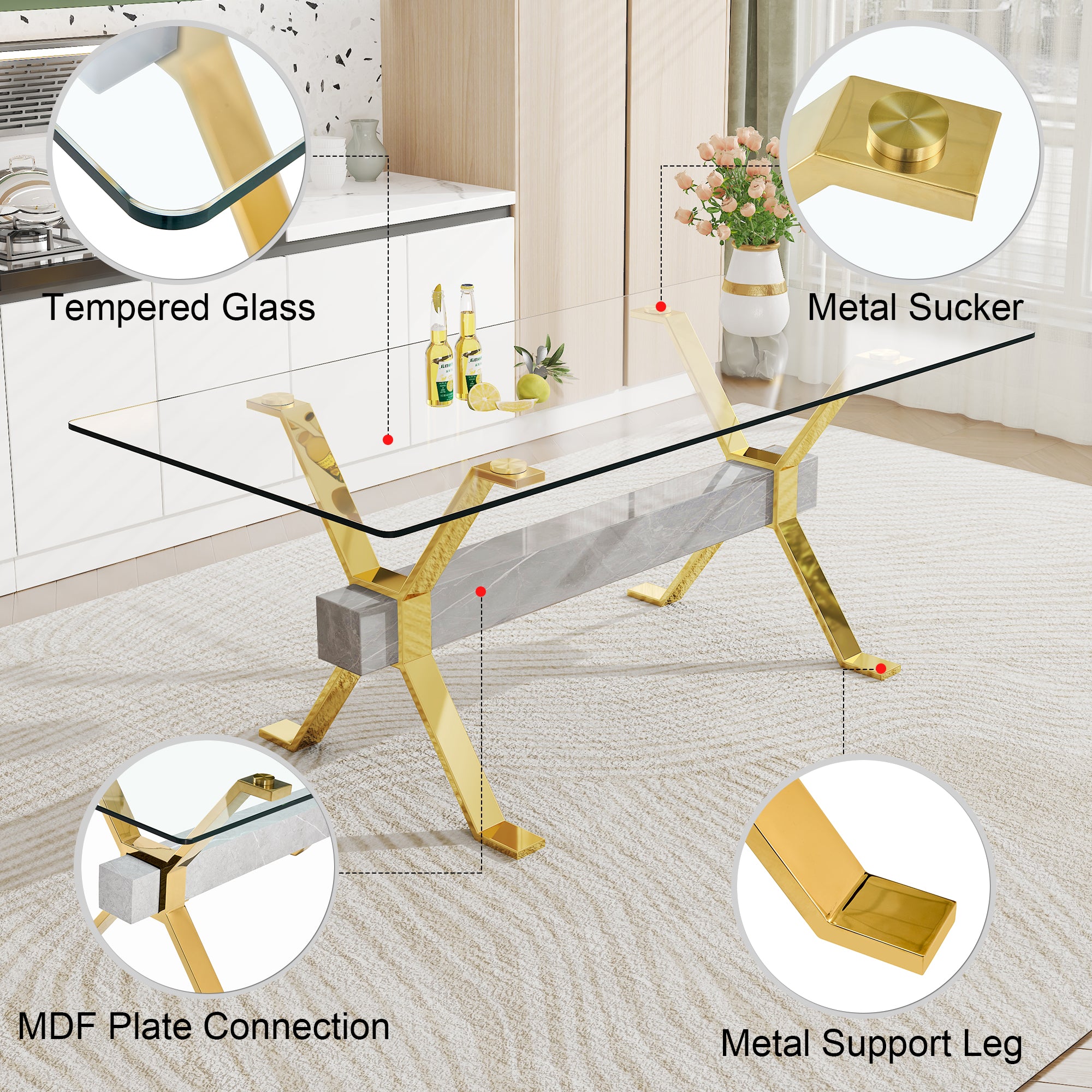 Modern Luxury Tempered Gold Chrome Plated Glass Table with Gray Support Crossbar_20
