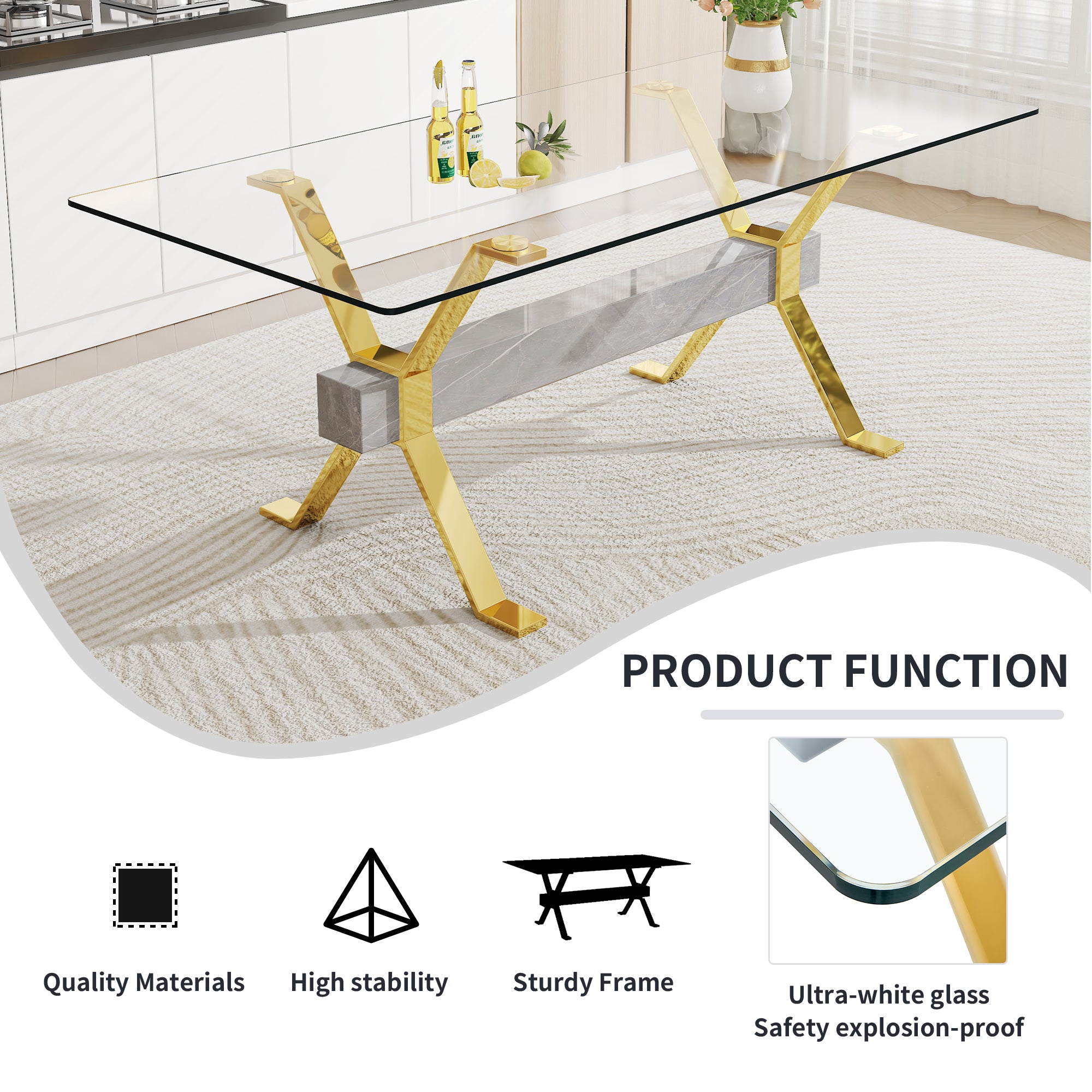 Modern Luxury Tempered Gold Chrome Plated Glass Table with Gray Support Crossbar_19
