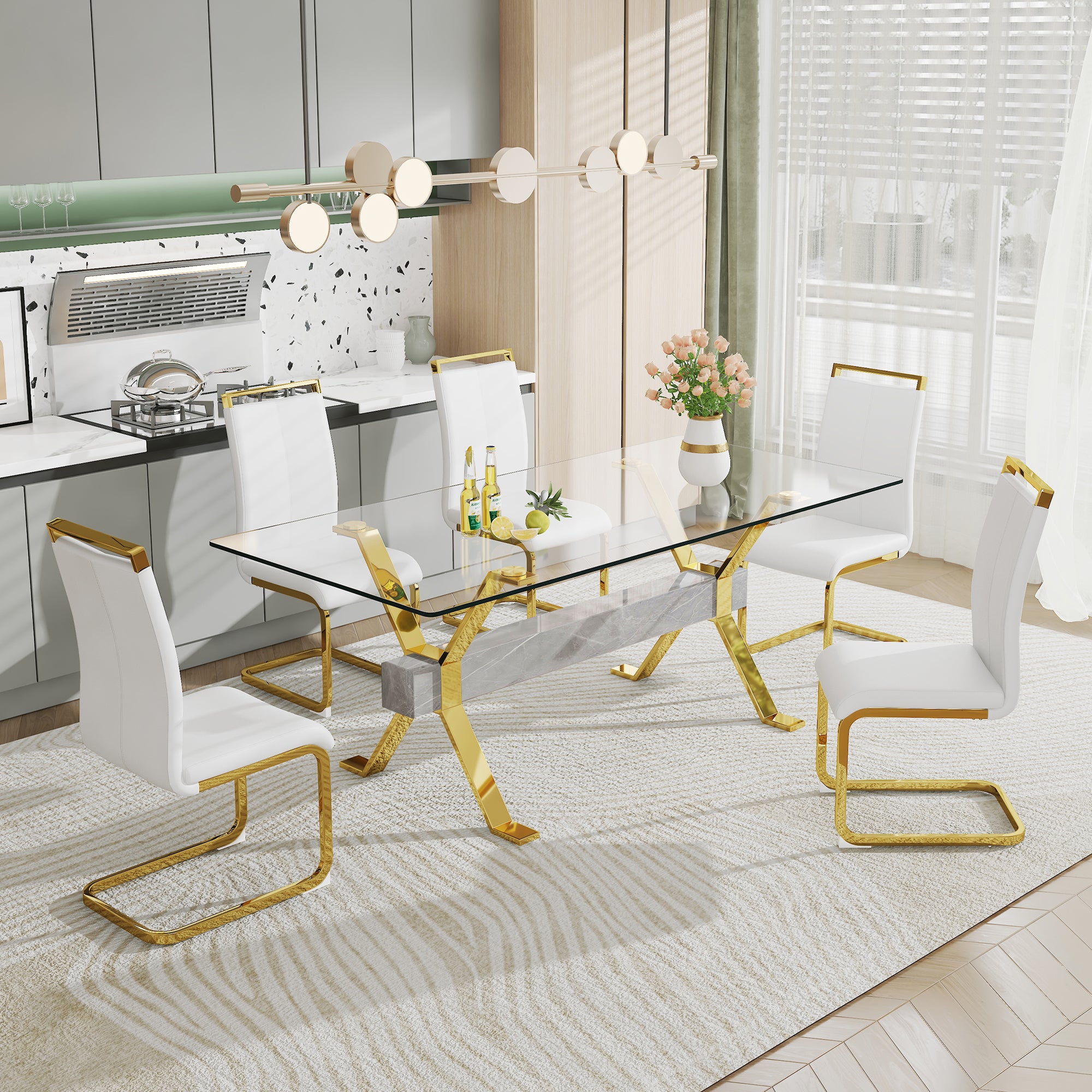 Modern Luxury Tempered Gold Chrome Plated Glass Table with Gray Support Crossbar_5