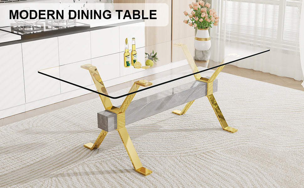 Modern Luxury Tempered Gold Chrome Plated Glass Table with Gray Support Crossbar_24