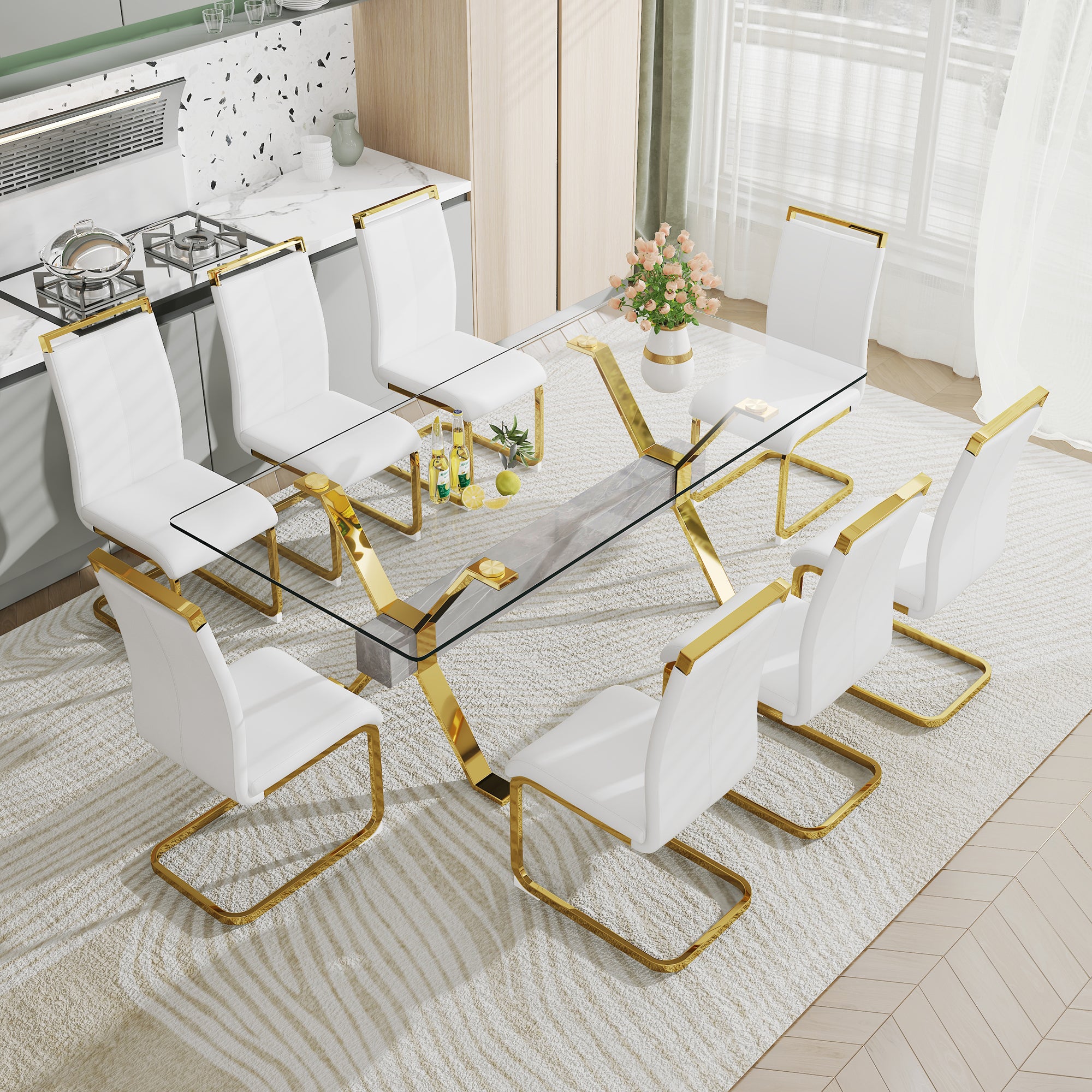 Modern Luxury Tempered Gold Chrome Plated Glass Table with Gray Support Crossbar_7