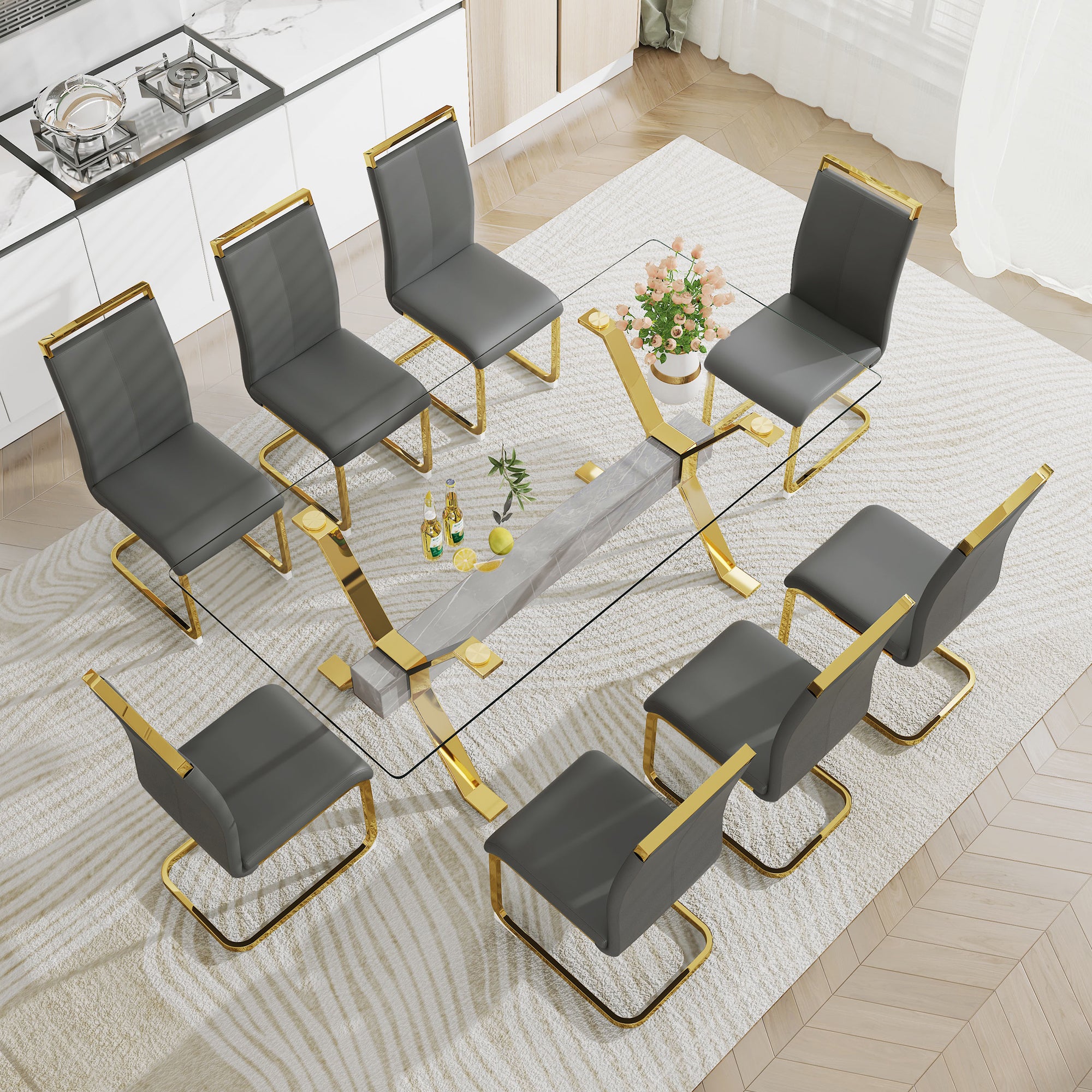 Modern Luxury Tempered Gold Chrome Plated Glass Table with Gray Support Crossbar_12