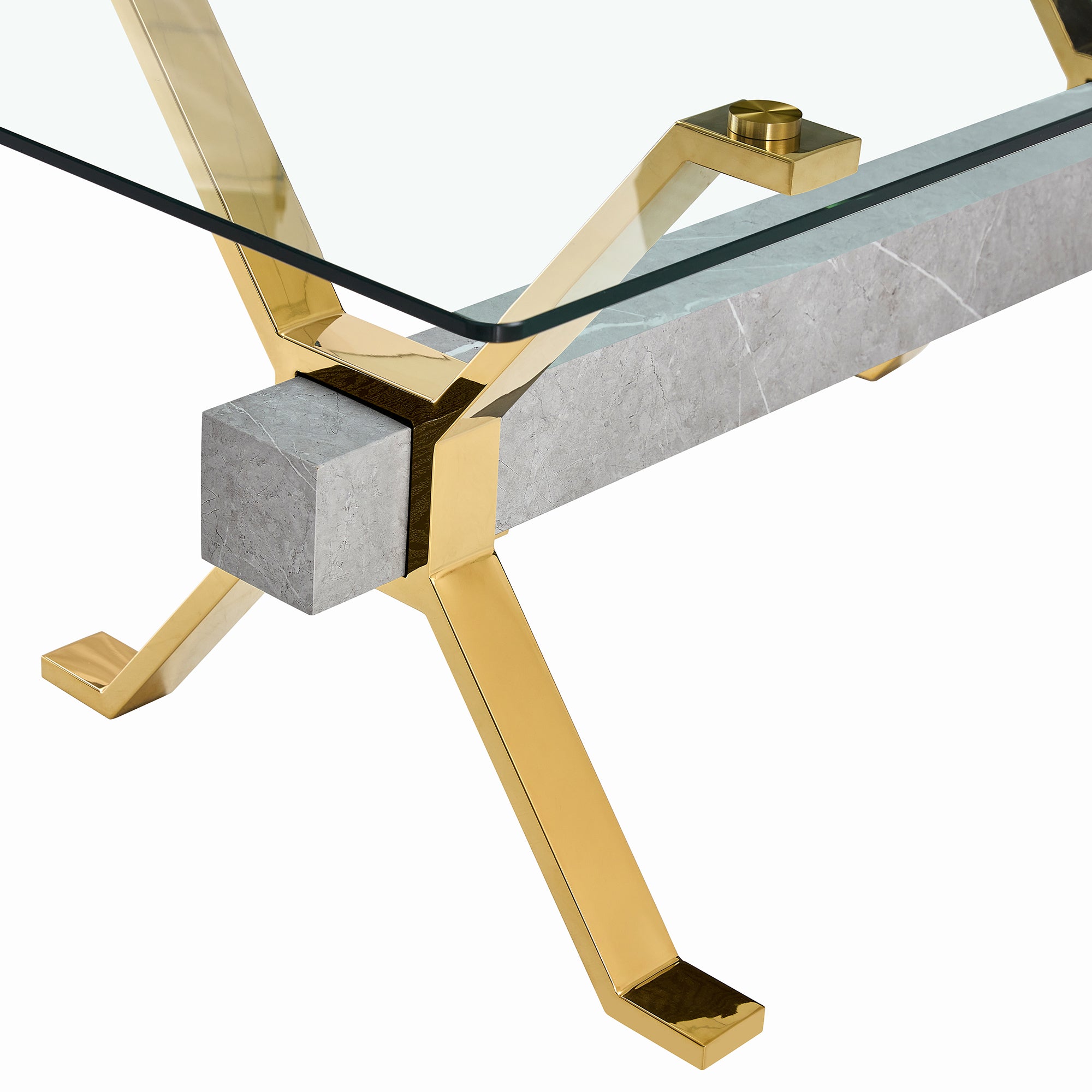 Modern Luxury Tempered Gold Chrome Plated Glass Table with Gray Support Crossbar_13