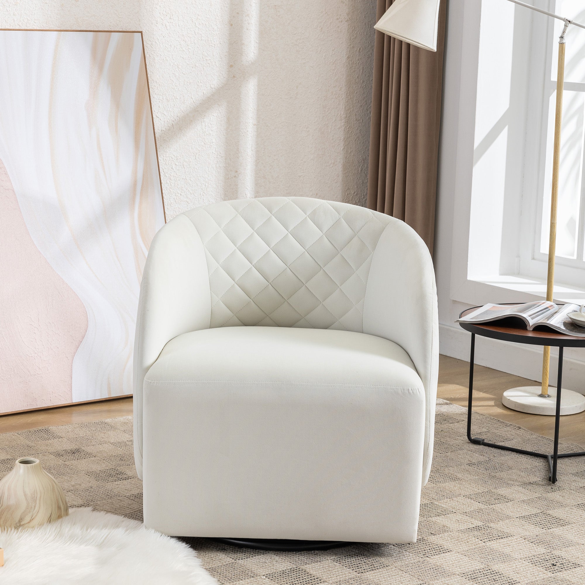Modern Upholstered Velvet Fabric Curved Back Swivel Chair Accent Barrel Chair- Ivory_3