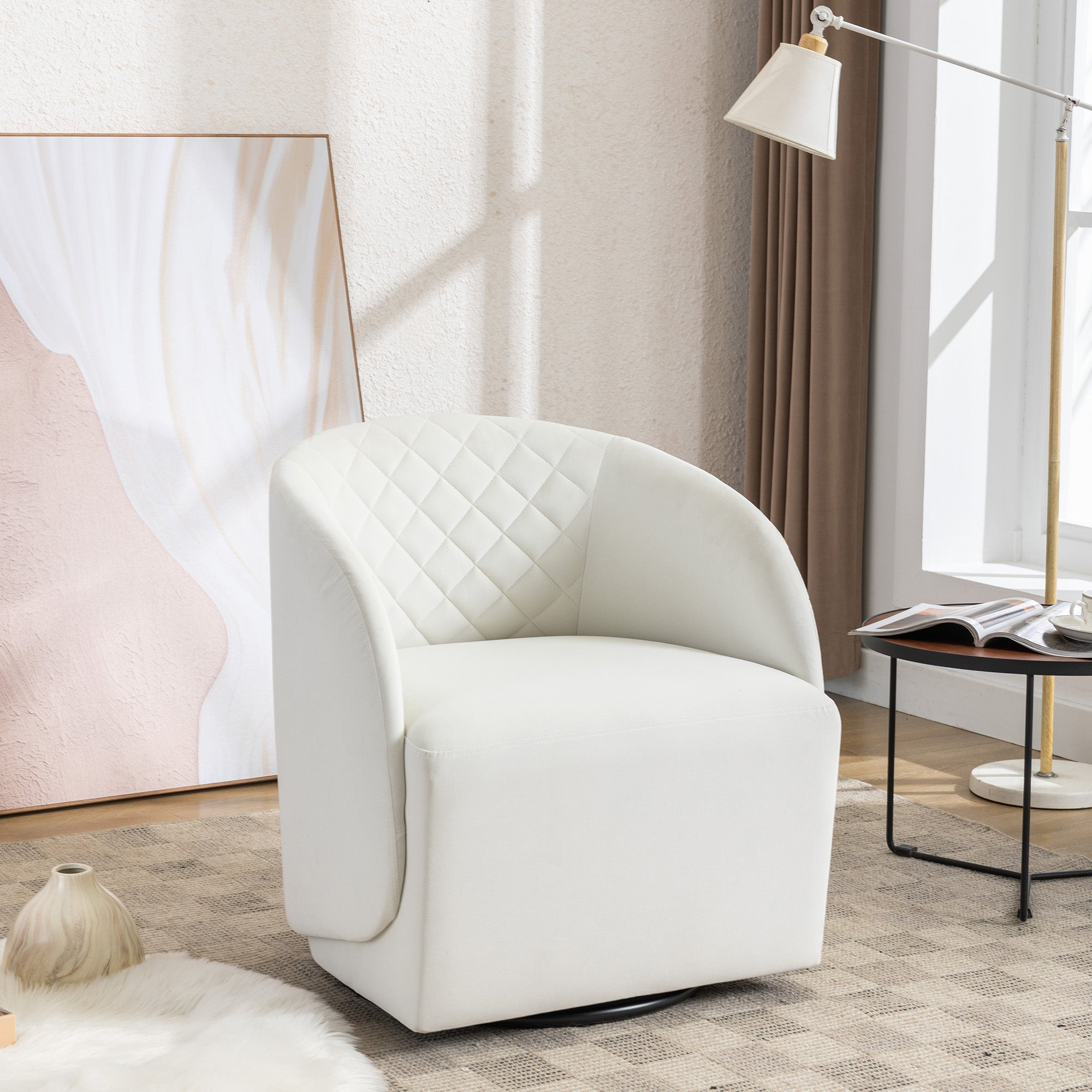 Modern Upholstered Velvet Fabric Curved Back Swivel Chair Accent Barrel Chair- Ivory_5