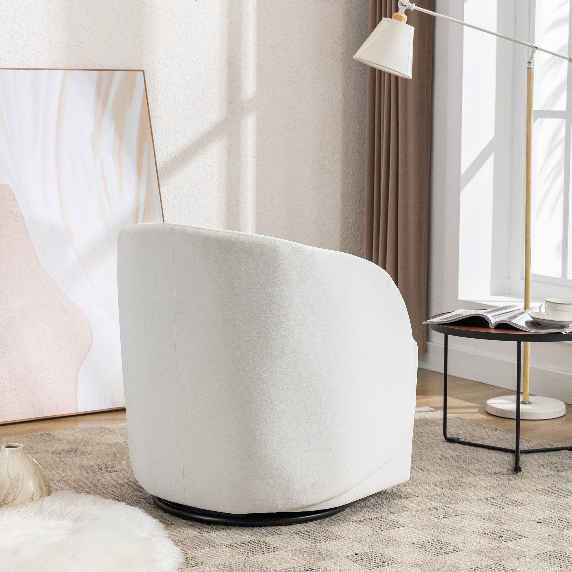 Modern Upholstered Velvet Fabric Curved Back Swivel Chair Accent Barrel Chair- Ivory_6
