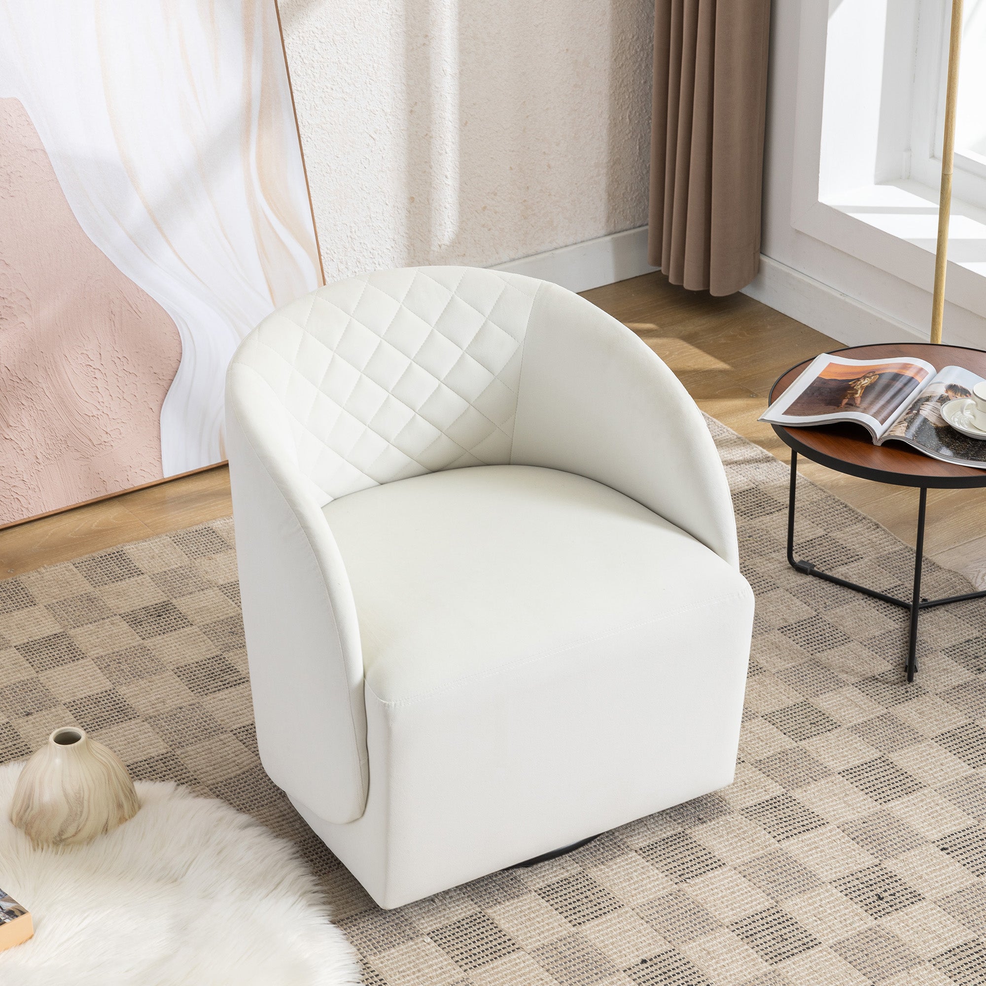 Modern Upholstered Velvet Fabric Curved Back Swivel Chair Accent Barrel Chair- Ivory_8