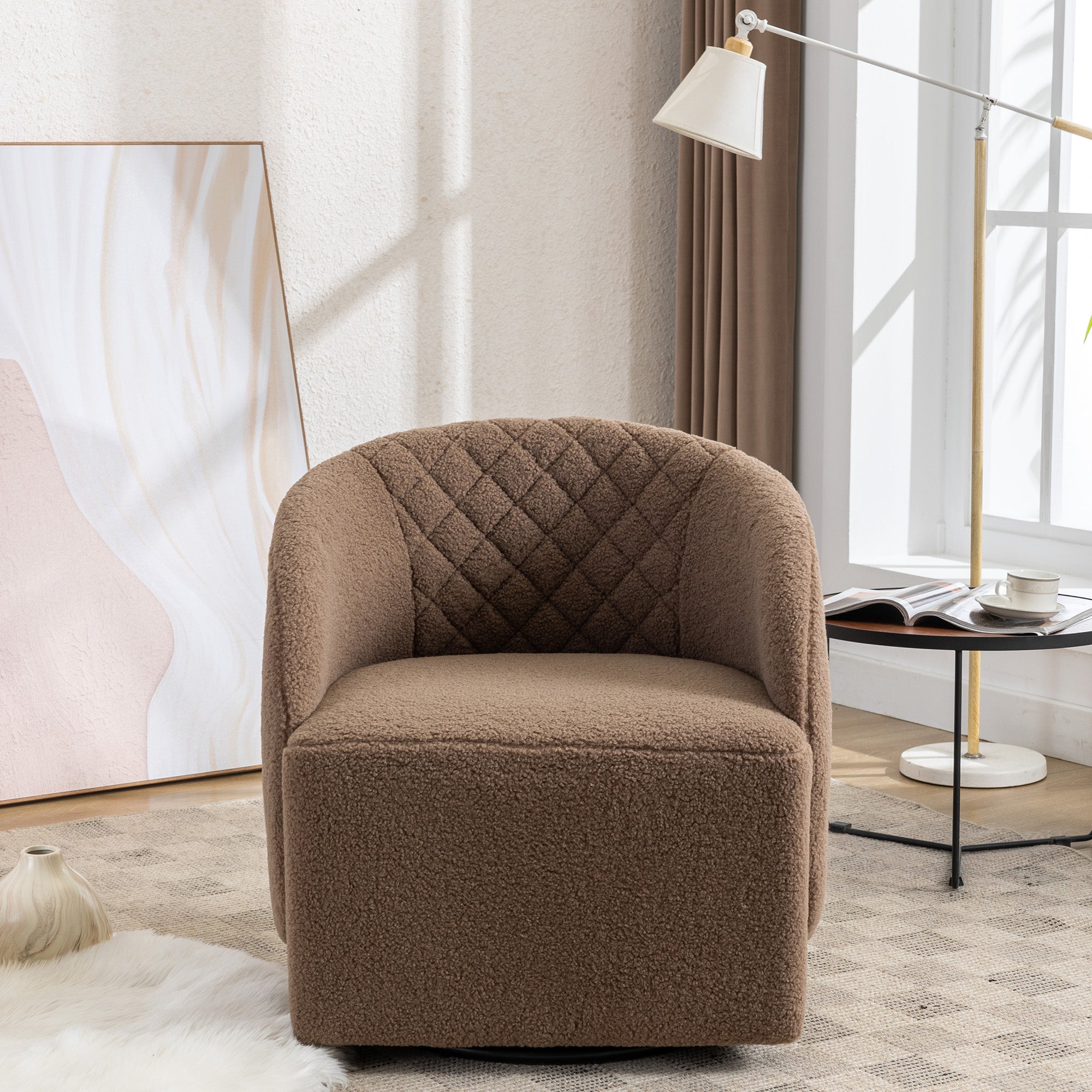 Modern Upholstered Teddy Fabric Curved Back Swivel Chair Accent Barrel Chair- Brown_4