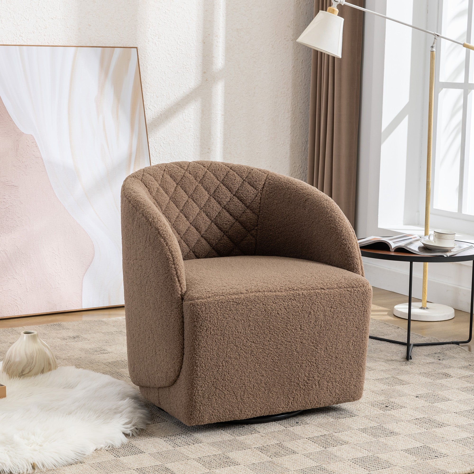 Modern Upholstered Teddy Fabric Curved Back Swivel Chair Accent Barrel Chair- Brown_5
