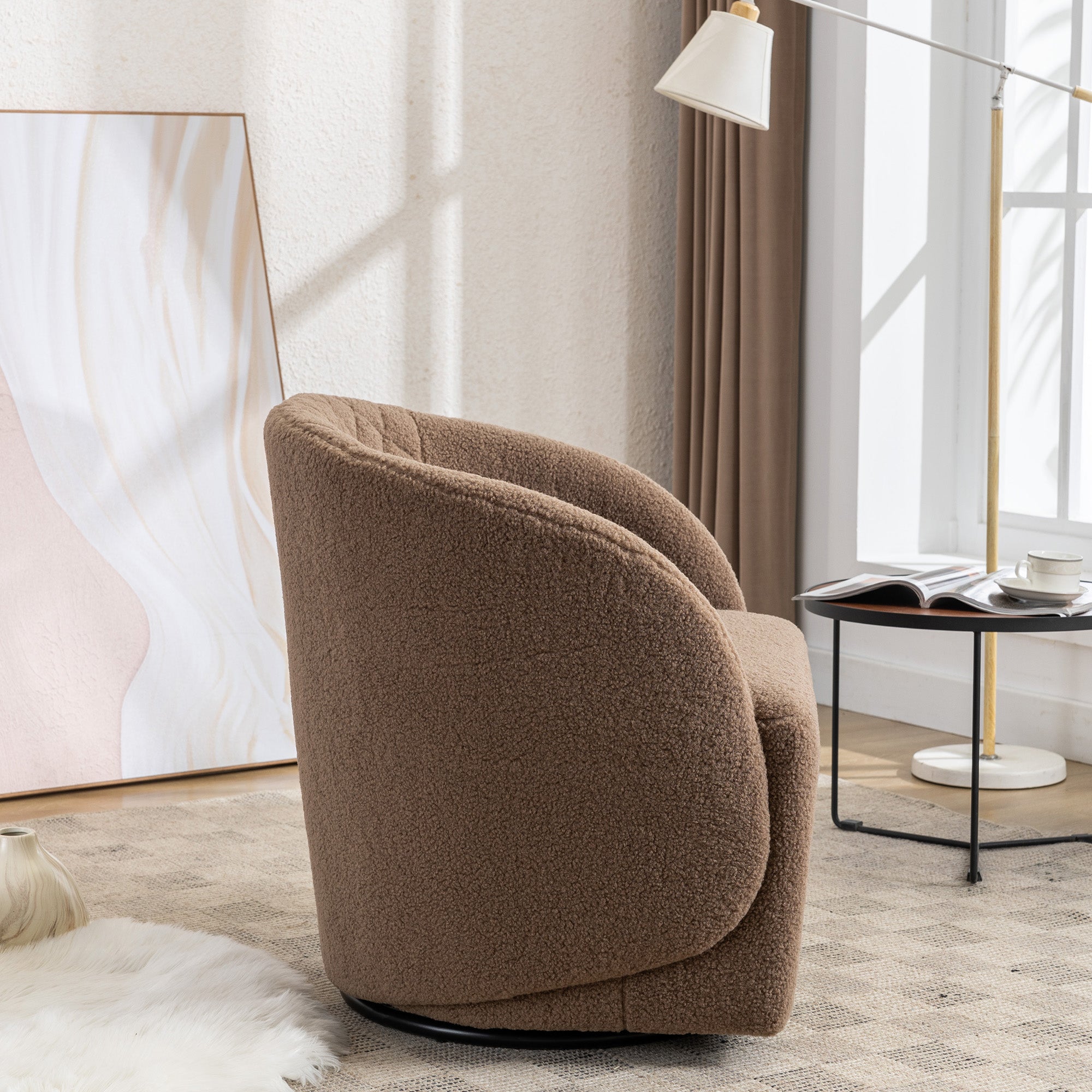 Modern Upholstered Teddy Fabric Curved Back Swivel Chair Accent Barrel Chair- Brown_6