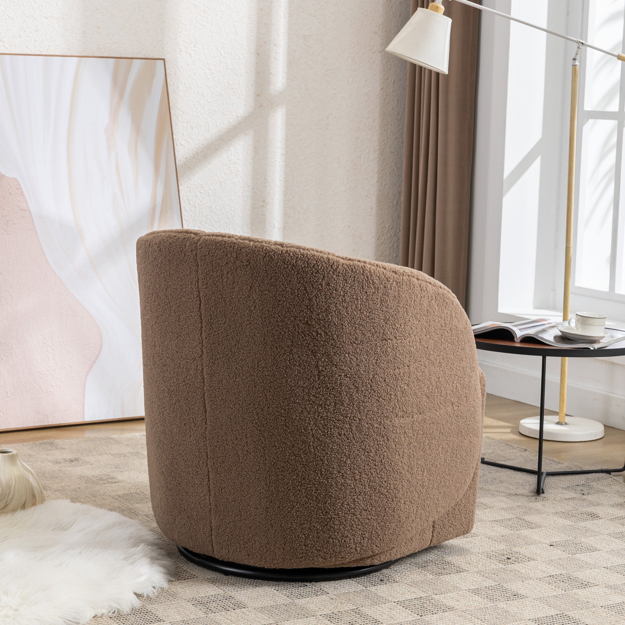 Modern Upholstered Teddy Fabric Curved Back Swivel Chair Accent Barrel Chair- Brown_7