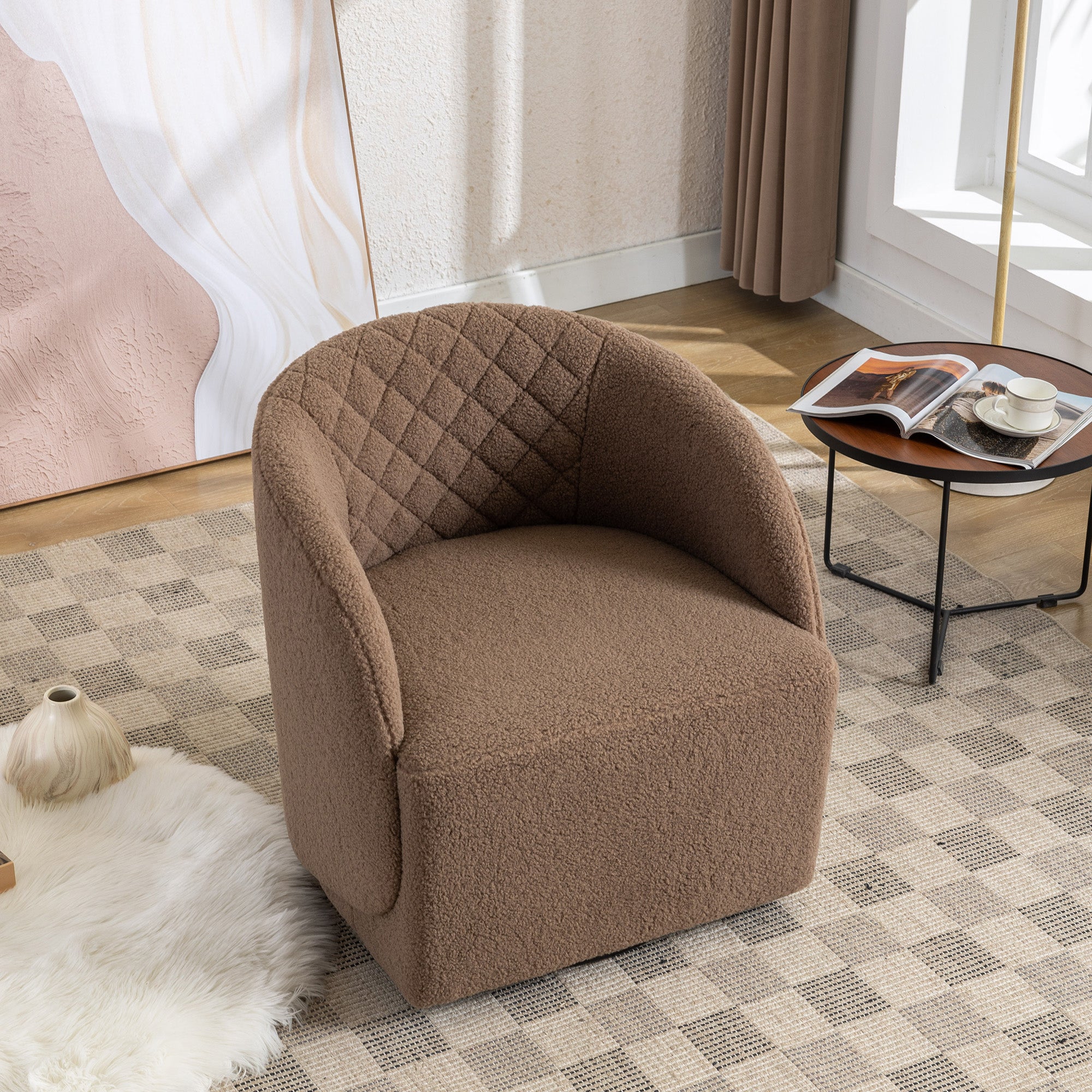 Modern Upholstered Teddy Fabric Curved Back Swivel Chair Accent Barrel Chair- Brown_11
