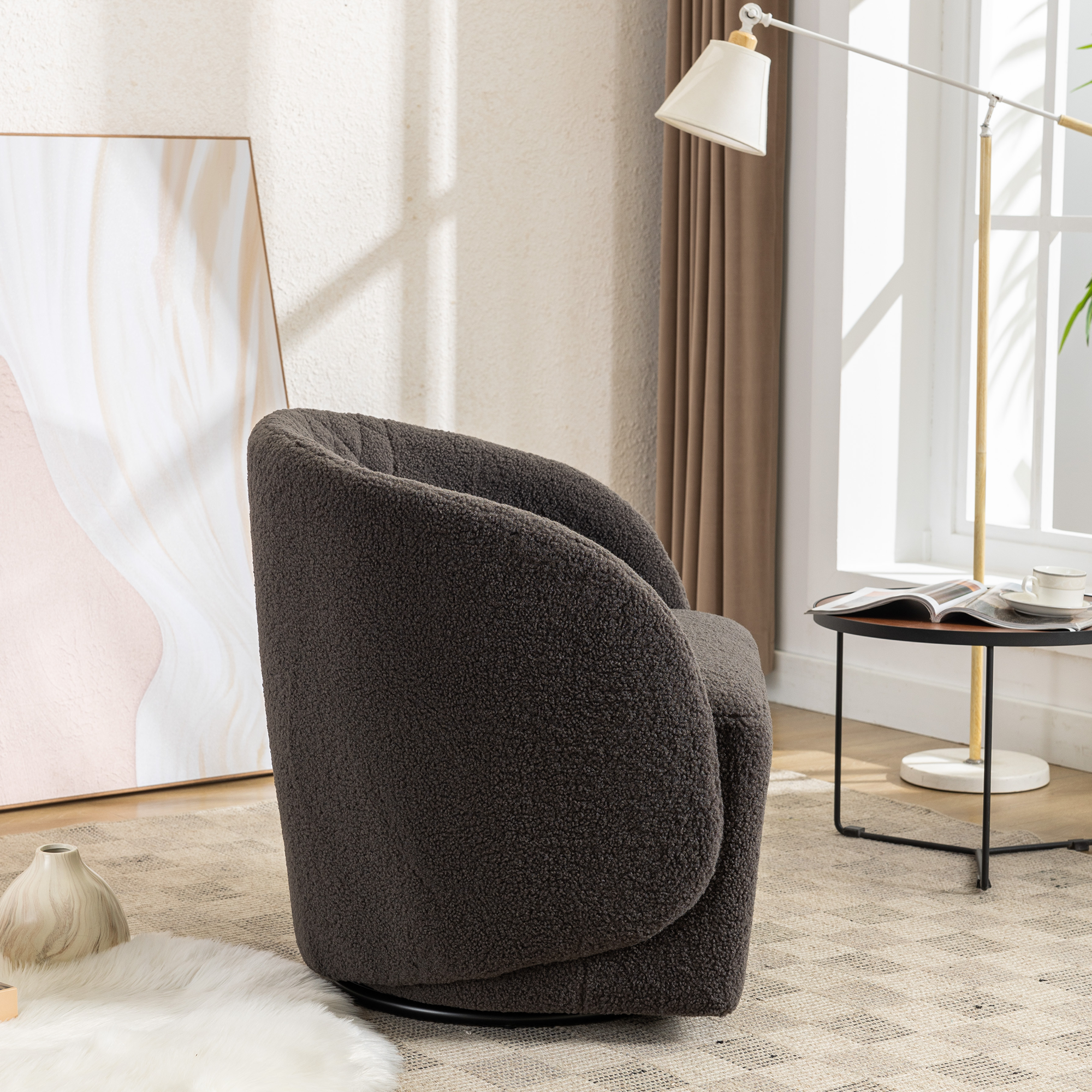 Modern Upholstered Teddy Fabric Curved Back Swivel Chair Accent Barrel Chair- Gray_2