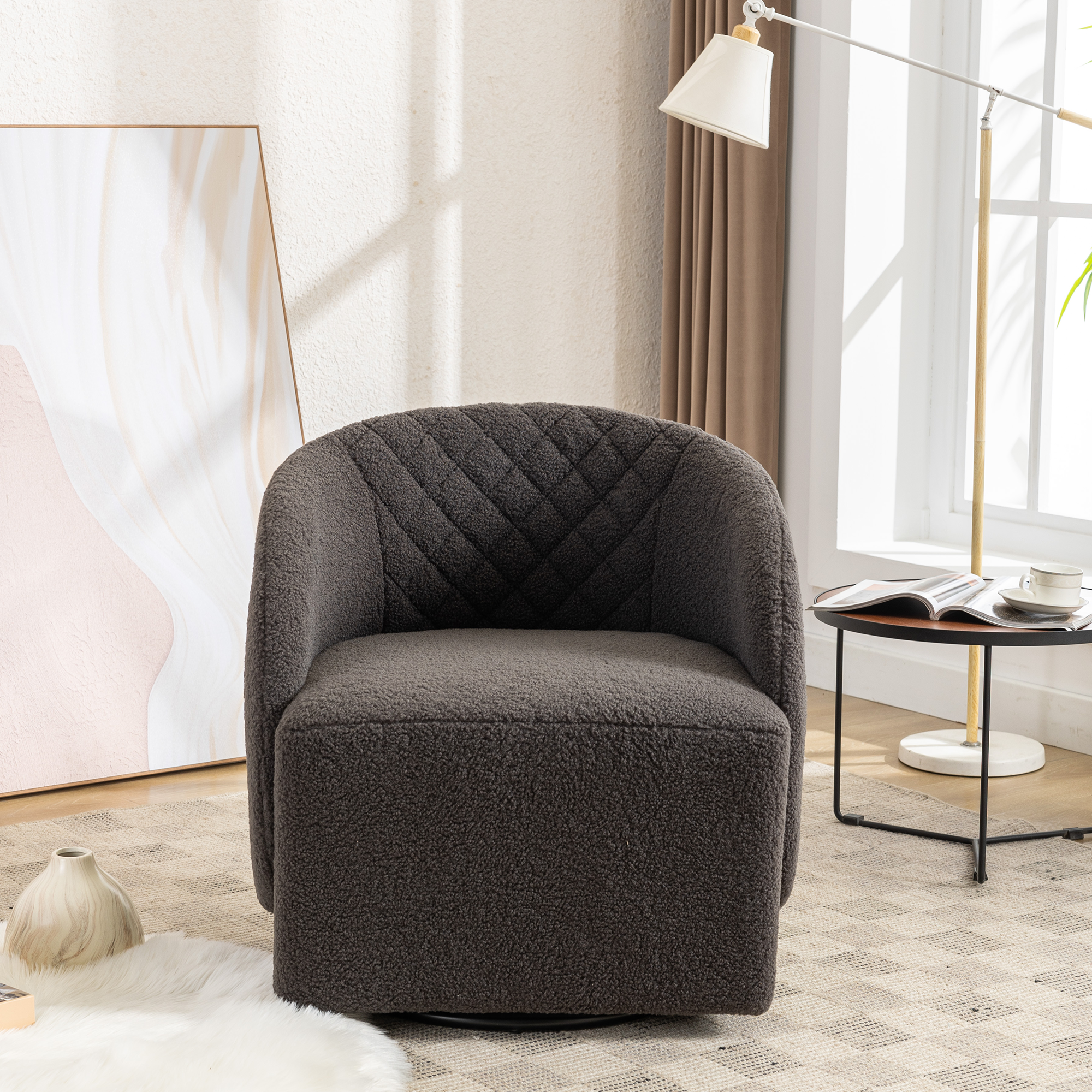 Modern Upholstered Teddy Fabric Curved Back Swivel Chair Accent Barrel Chair- Gray_6