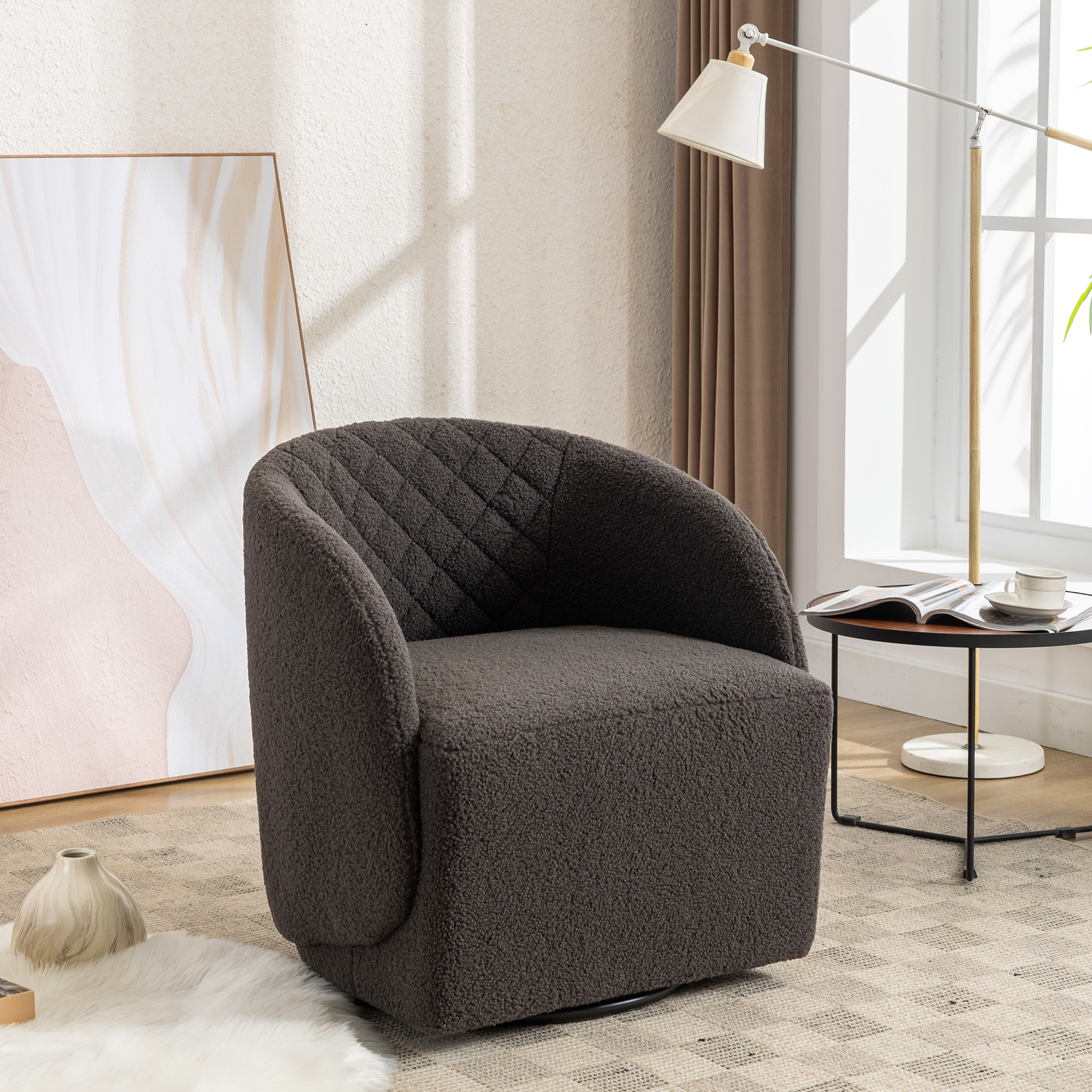 Modern Upholstered Teddy Fabric Curved Back Swivel Chair Accent Barrel Chair- Gray_8