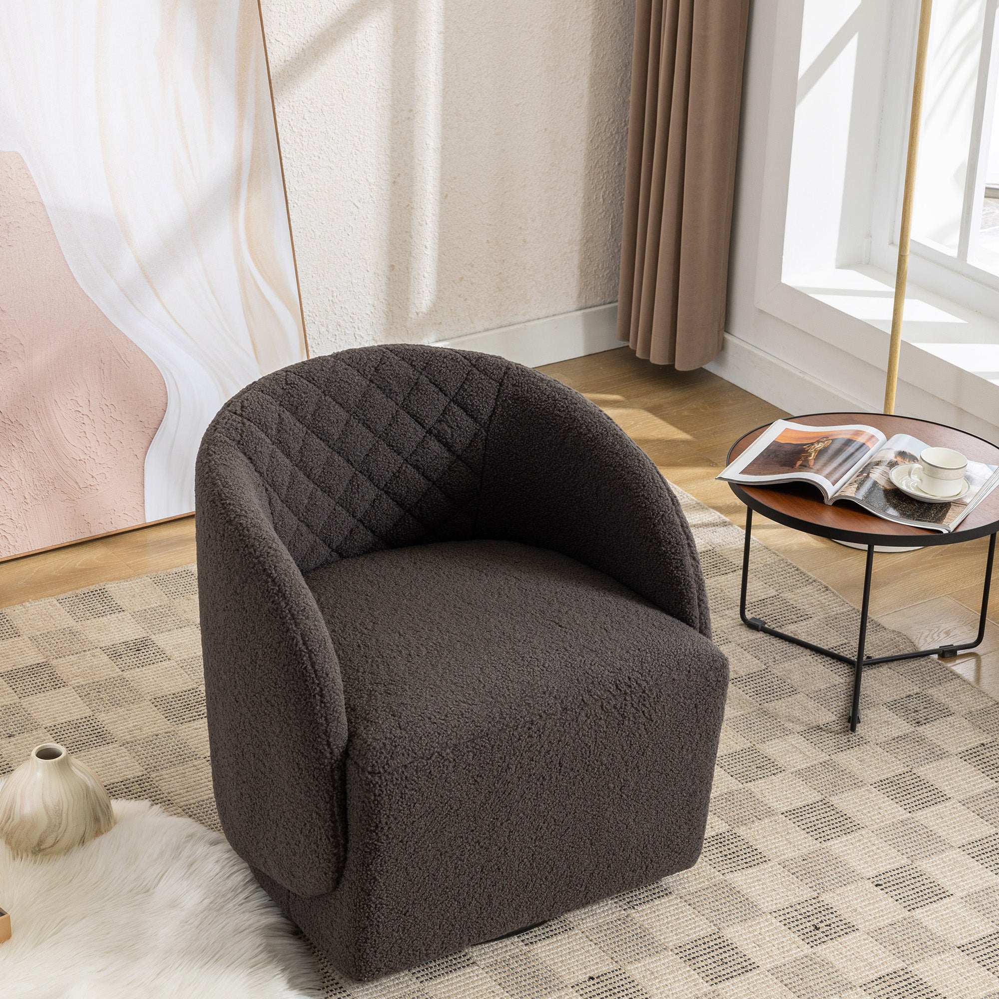 Modern Upholstered Teddy Fabric Curved Back Swivel Chair Accent Barrel Chair- Gray_9
