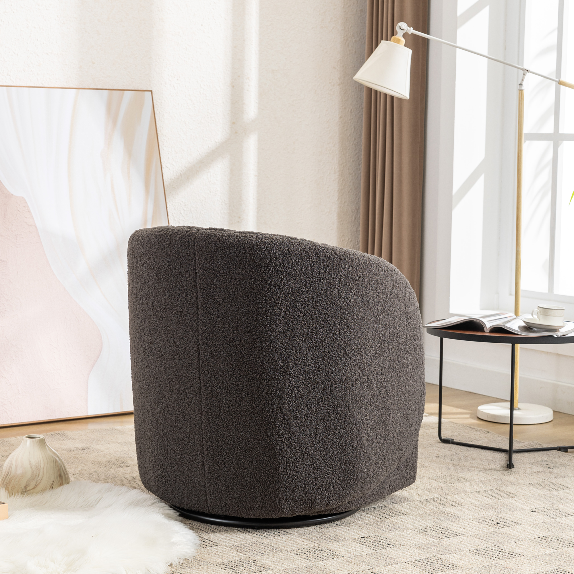 Modern Upholstered Teddy Fabric Curved Back Swivel Chair Accent Barrel Chair- Gray_10