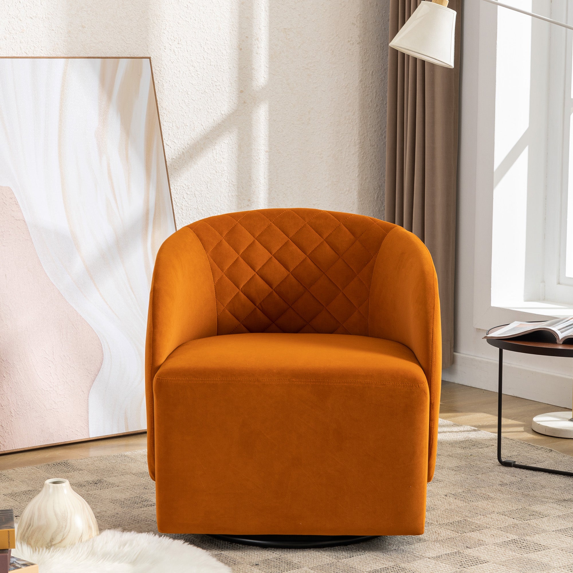 Modern Upholstered Velvet Fabric Curved Back Swivel Chair Accent Barrel Chair- Orange_4