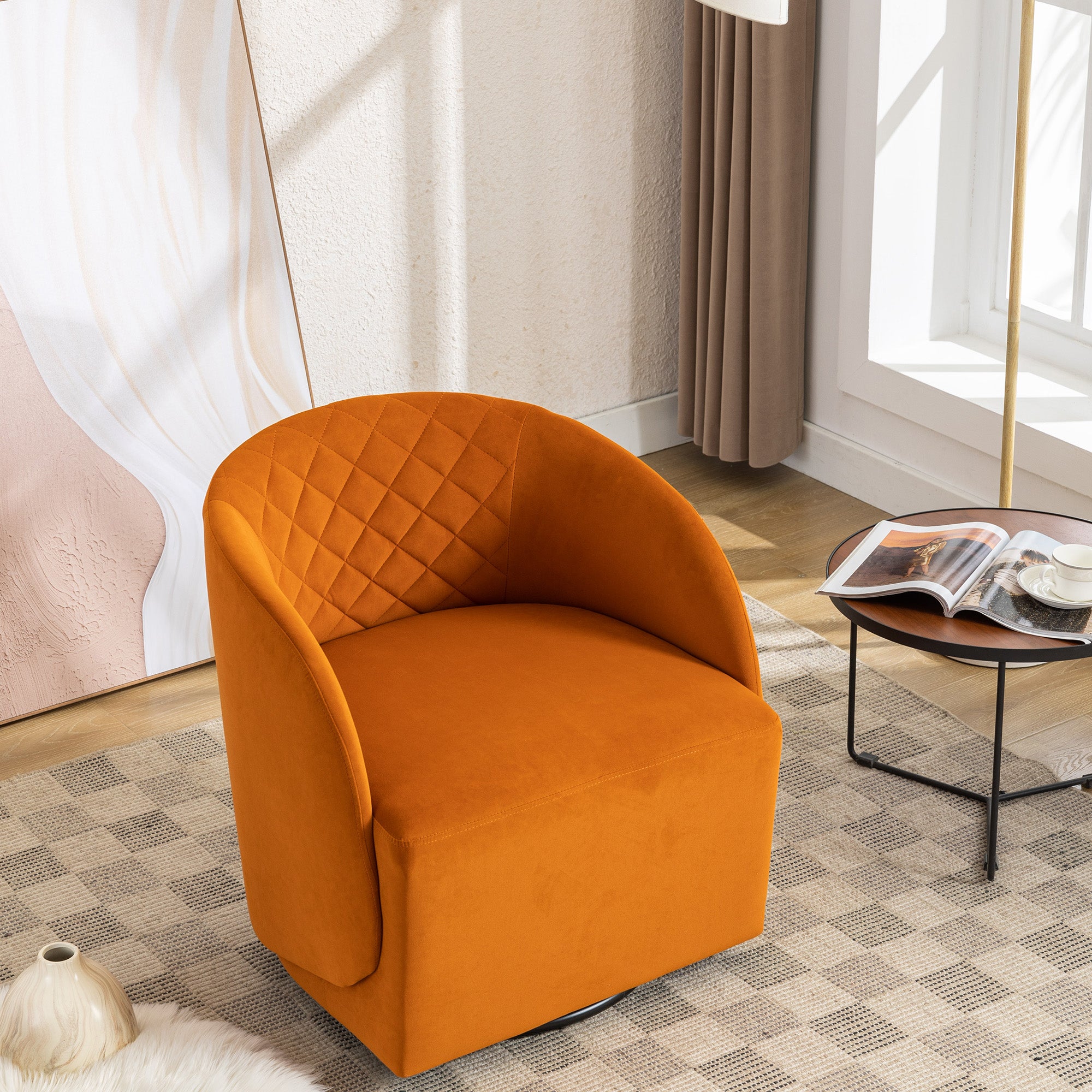 Modern Upholstered Velvet Fabric Curved Back Swivel Chair Accent Barrel Chair- Orange_7