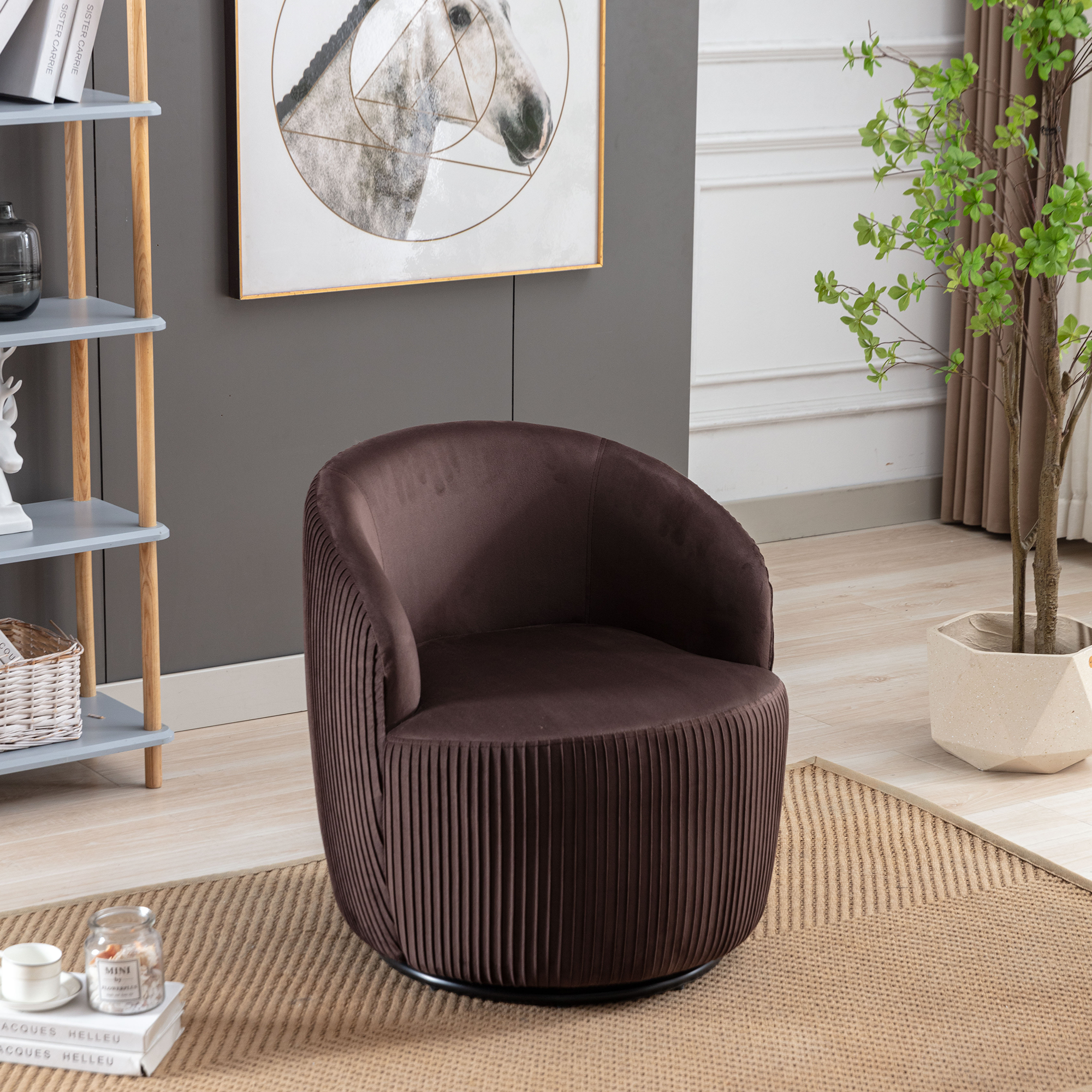Velvet Fabric Swivel Accent Armchair Barrel Chair With Black Metal Ring- Chocolate_1
