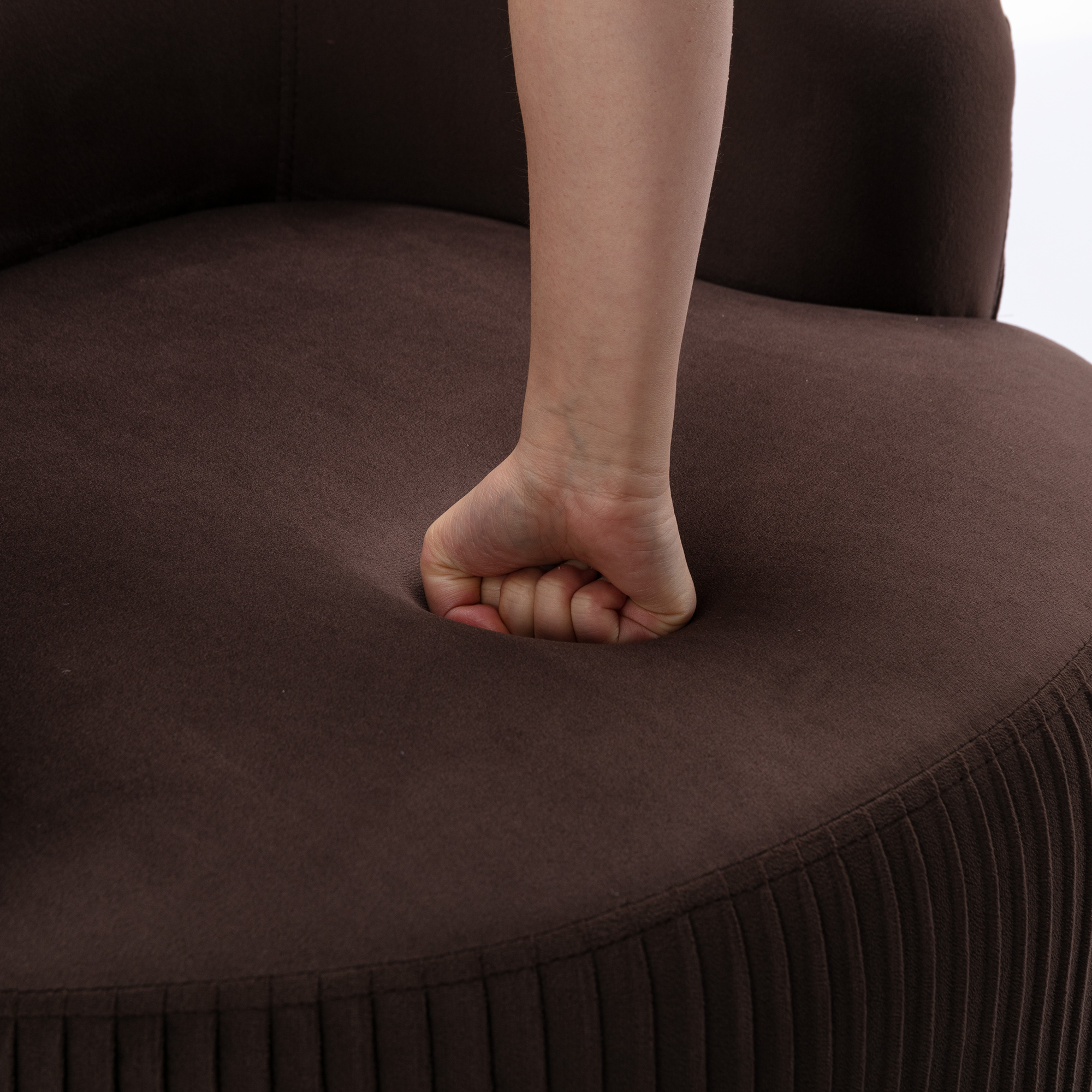 Velvet Fabric Swivel Accent Armchair Barrel Chair With Black Metal Ring- Chocolate_2