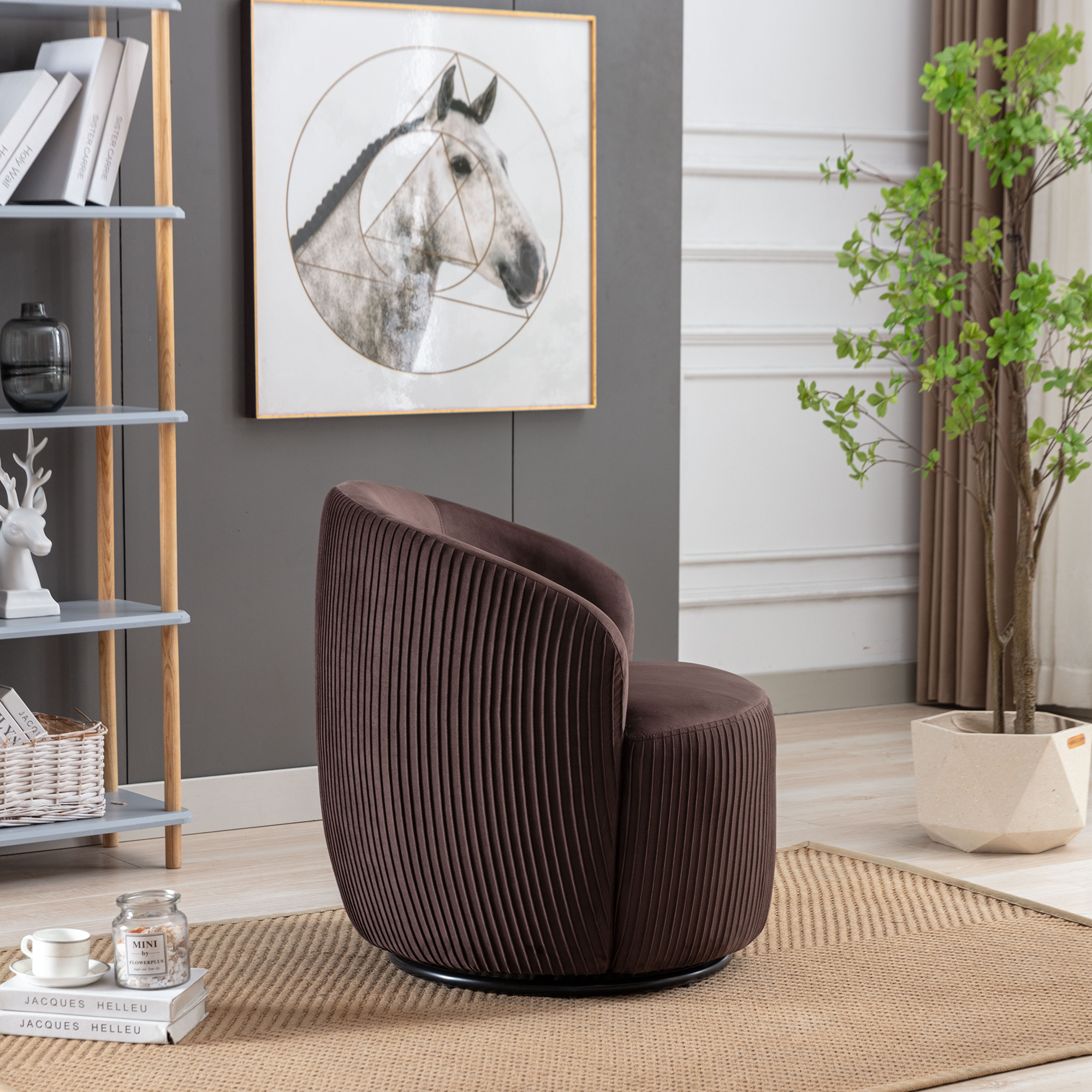 Velvet Fabric Swivel Accent Armchair Barrel Chair With Black Metal Ring- Chocolate_3